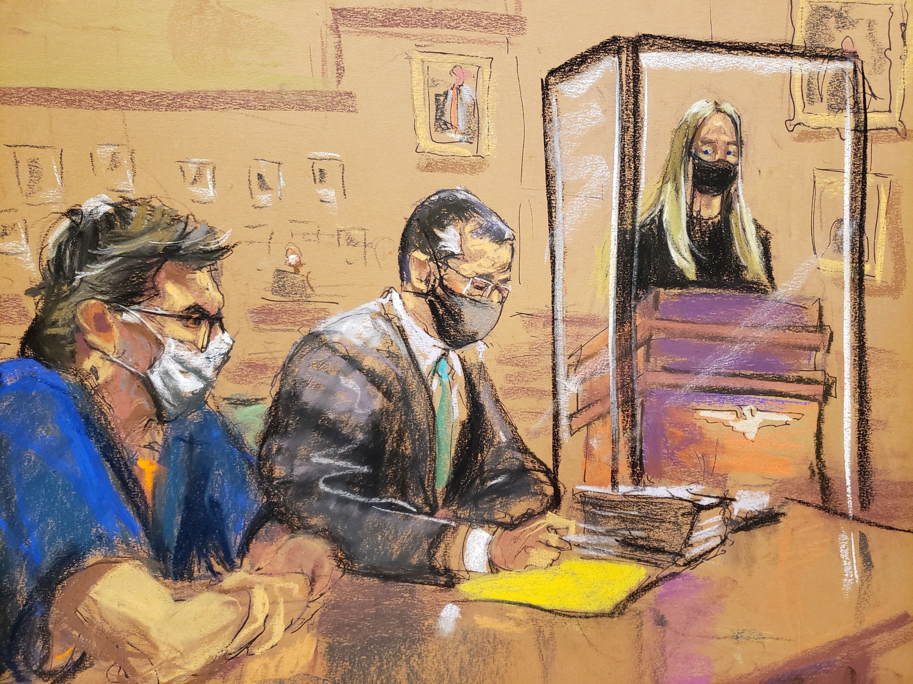 India Oxenberg gives a victim impact statement as Keith Raniere sits with his lawyer during Raniere’s sentencing hearing in Brooklyn on 27 October 2020