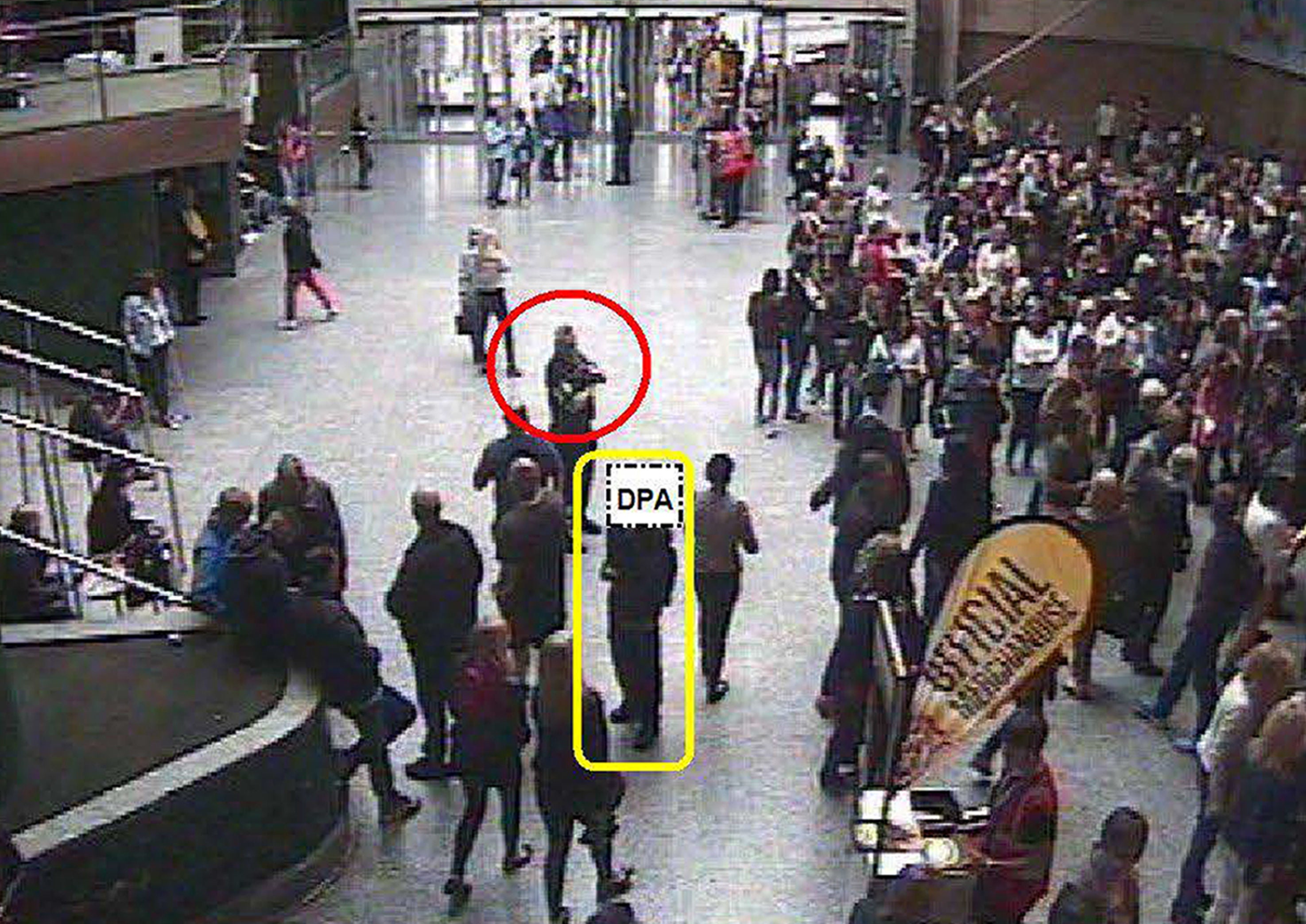 CCTV image, dated 18 May 2017, shows a suspicious Asian male (ringed in yellow) dressed in black and carrying a ‘bulging rucksack’ near to where suicide bomber Salman Abedi struck just four nights later