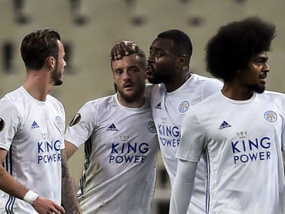 Jamie Vardy celebrates scoring against AEK