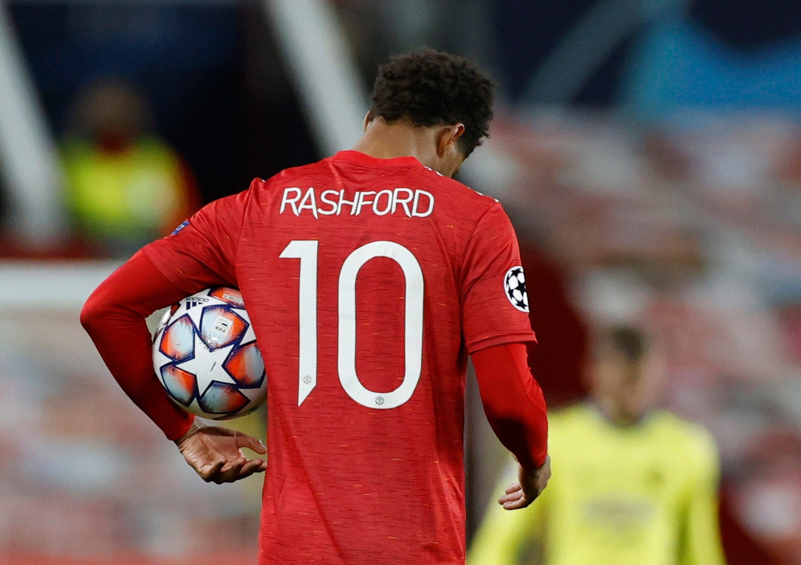 Rashford celebrates a hat-trick this week against RB Leipzig