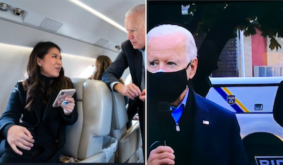 Richard Grenell tweeted a photo from November 2019 (left) to criticise Joe Biden for not wearing a face mask on a plane