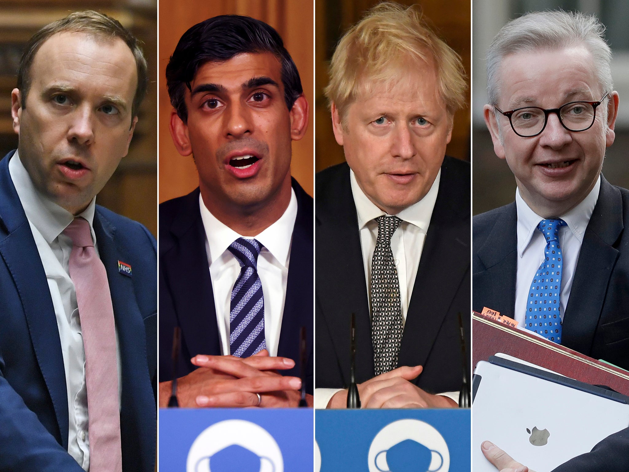 (L-R) Health secretary Matt Hancock, chancellor Rishi Sunak, prime minister Boris Johnson and Cabinet Office minister Michael Gove&nbsp;