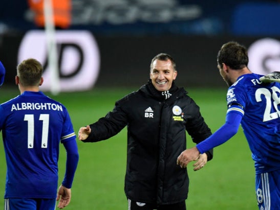 Brendan Rodgers celebrates the win at Leeds