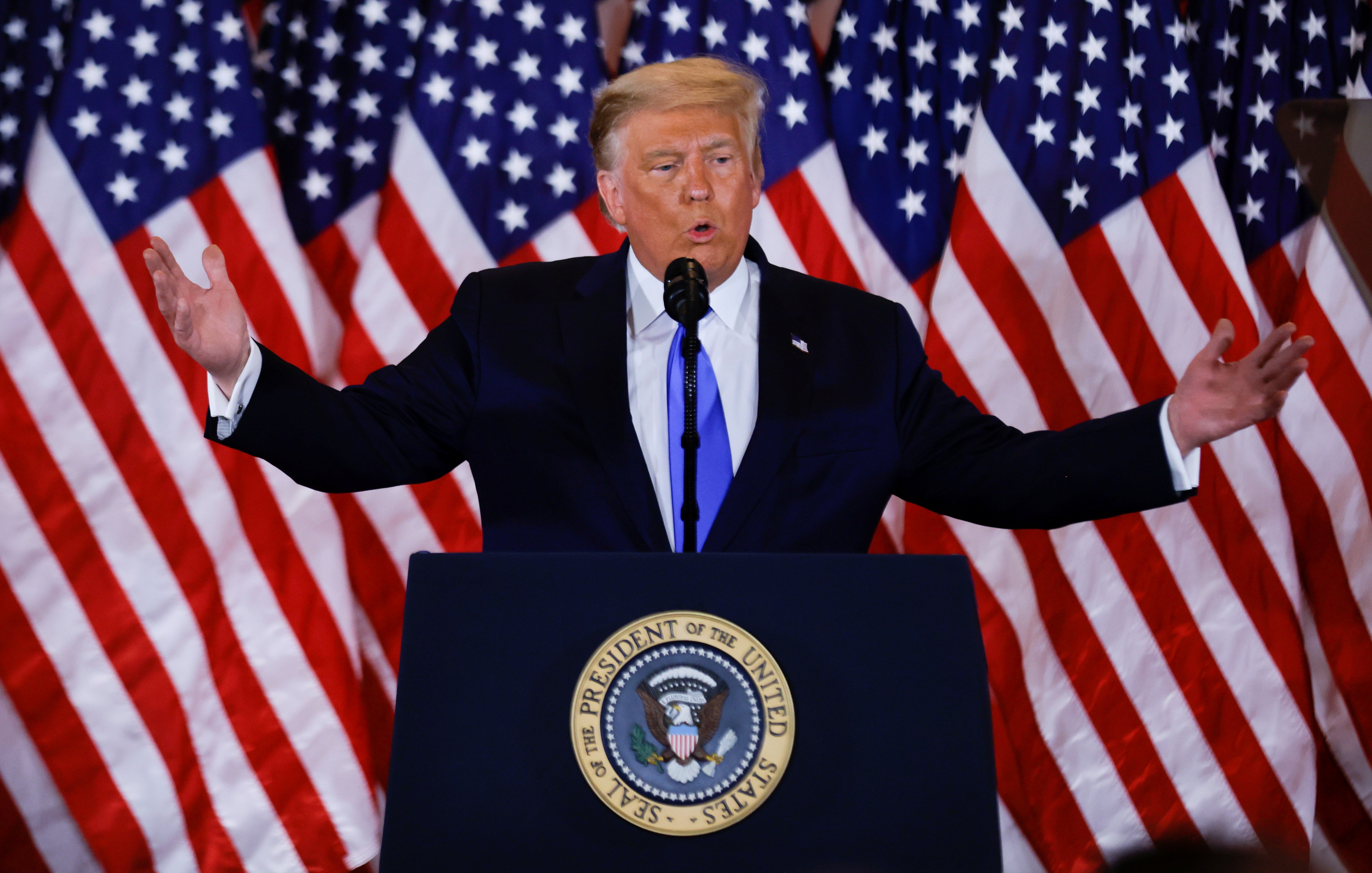 US President Donald Trump speaks about the early results of the 2020 elections in the White House late on Tuesday night