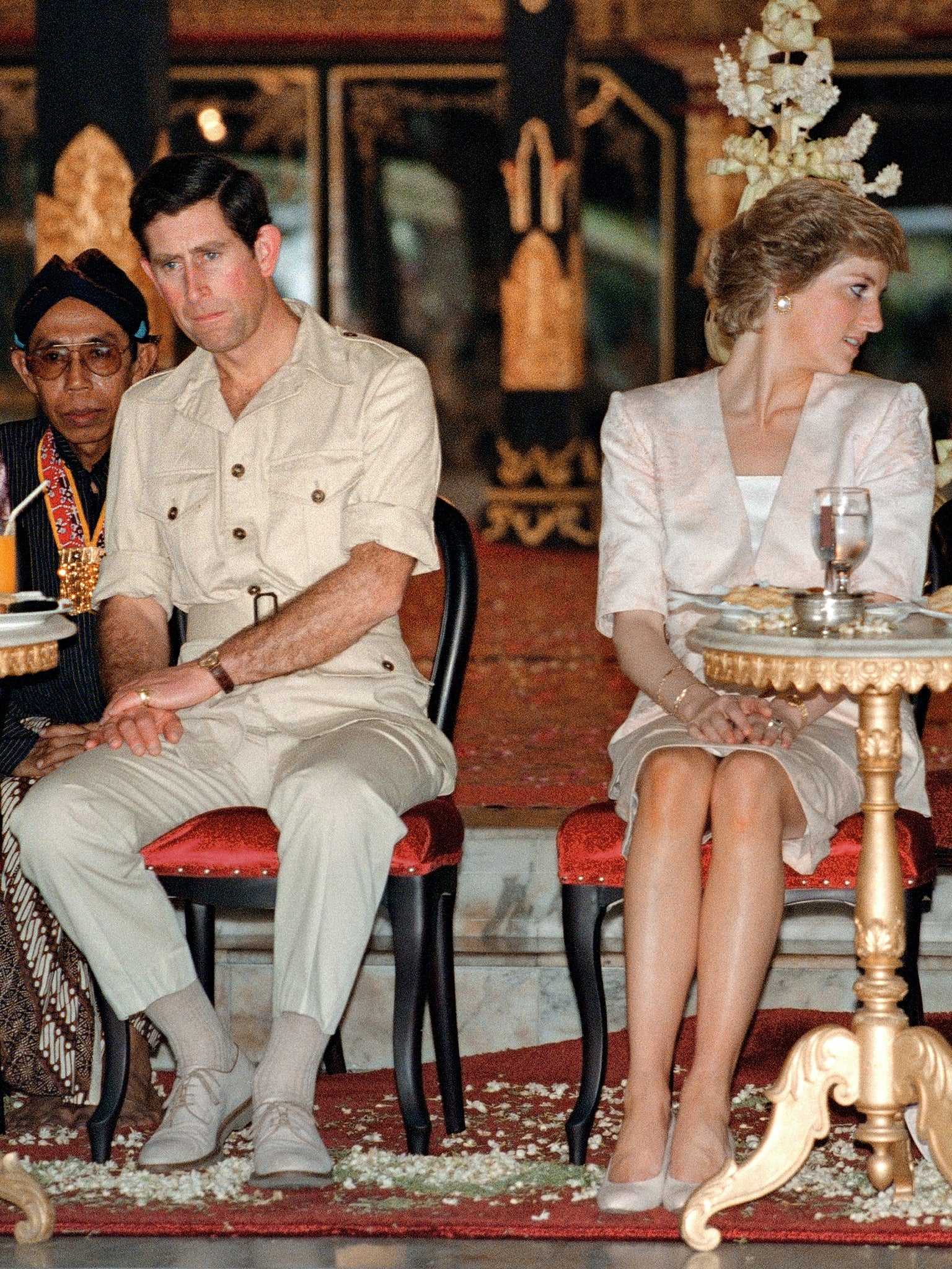 Prince Charles and Diana watching Indonesian tribal dancers in Indonesia in 1989