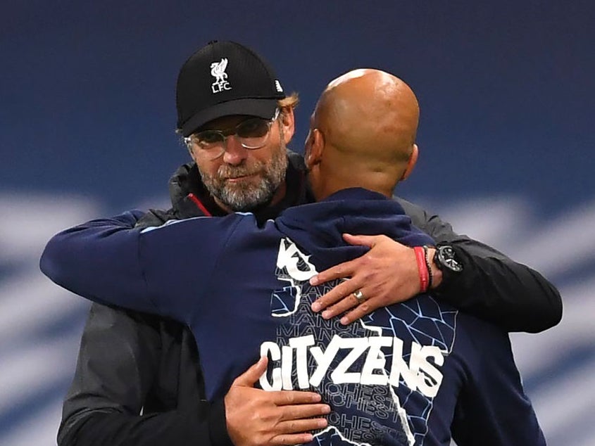 Liverpool manager Jurgen Klopp and Man City manager Pep Guardiola