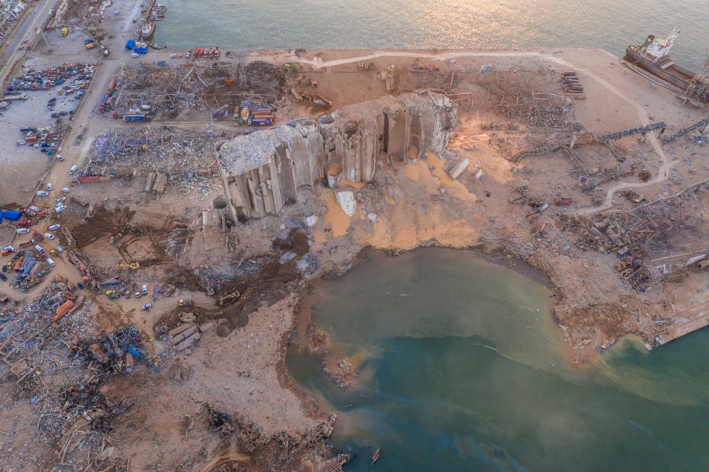 An aerial view of ruined structures after the devastating blast at Beirut’s port in August