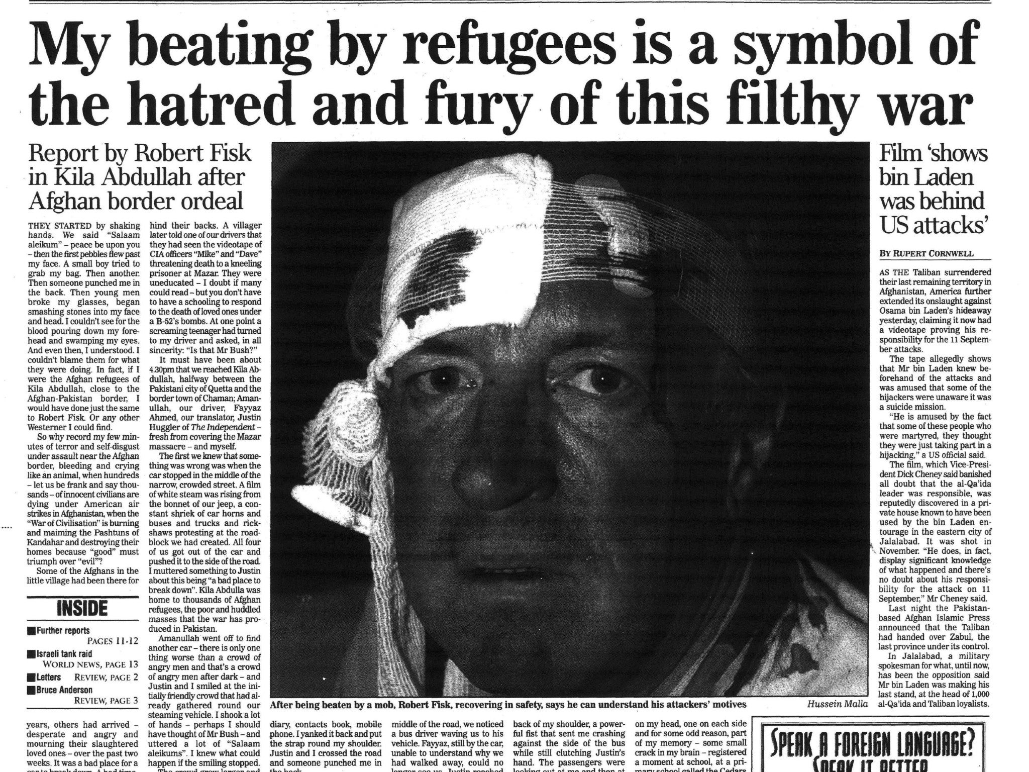 The Independent’s front page on 10 December 2001 after Fisk was beaten by a group of Afghan refugees