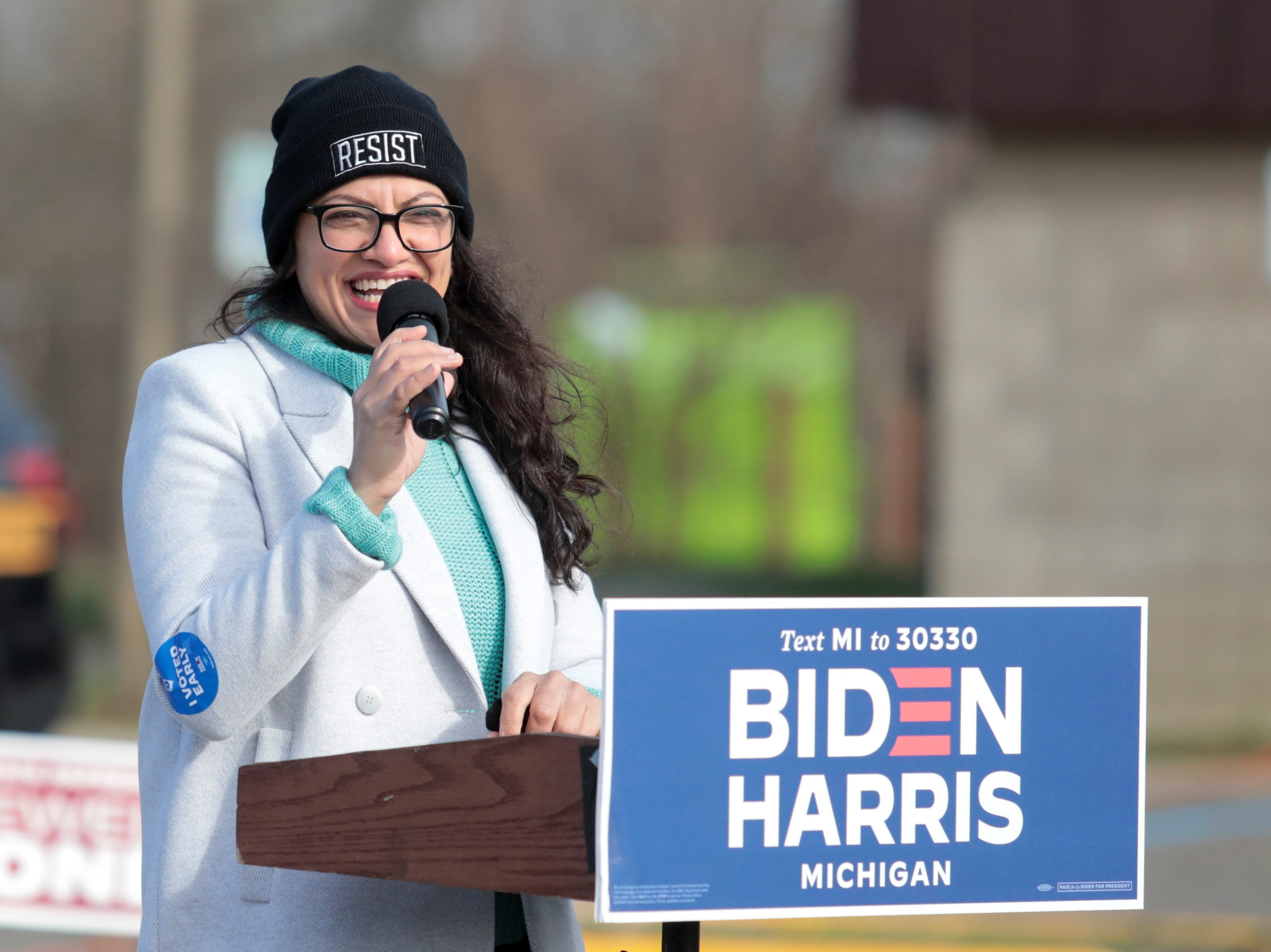 US Democratic Rep Rashida Tlaib speaks at a volunteer canvass launch for Biden/Harris