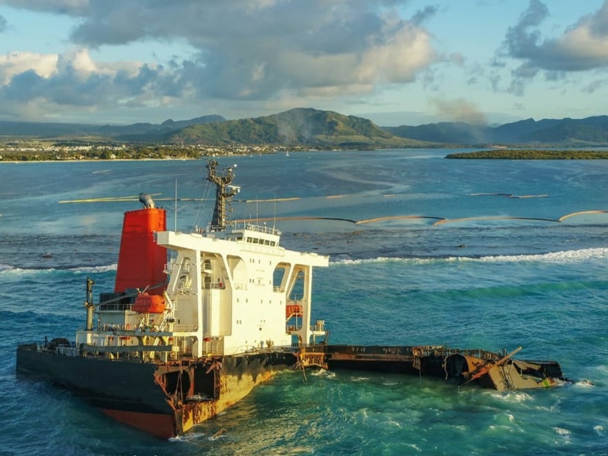 Wreck of the Japanese-owned bulk carrier MV Wakashio on 22 August. The ship spilled over 1,000 tonnes of fuel oil in one of Mauritius’s worst environmental disasters