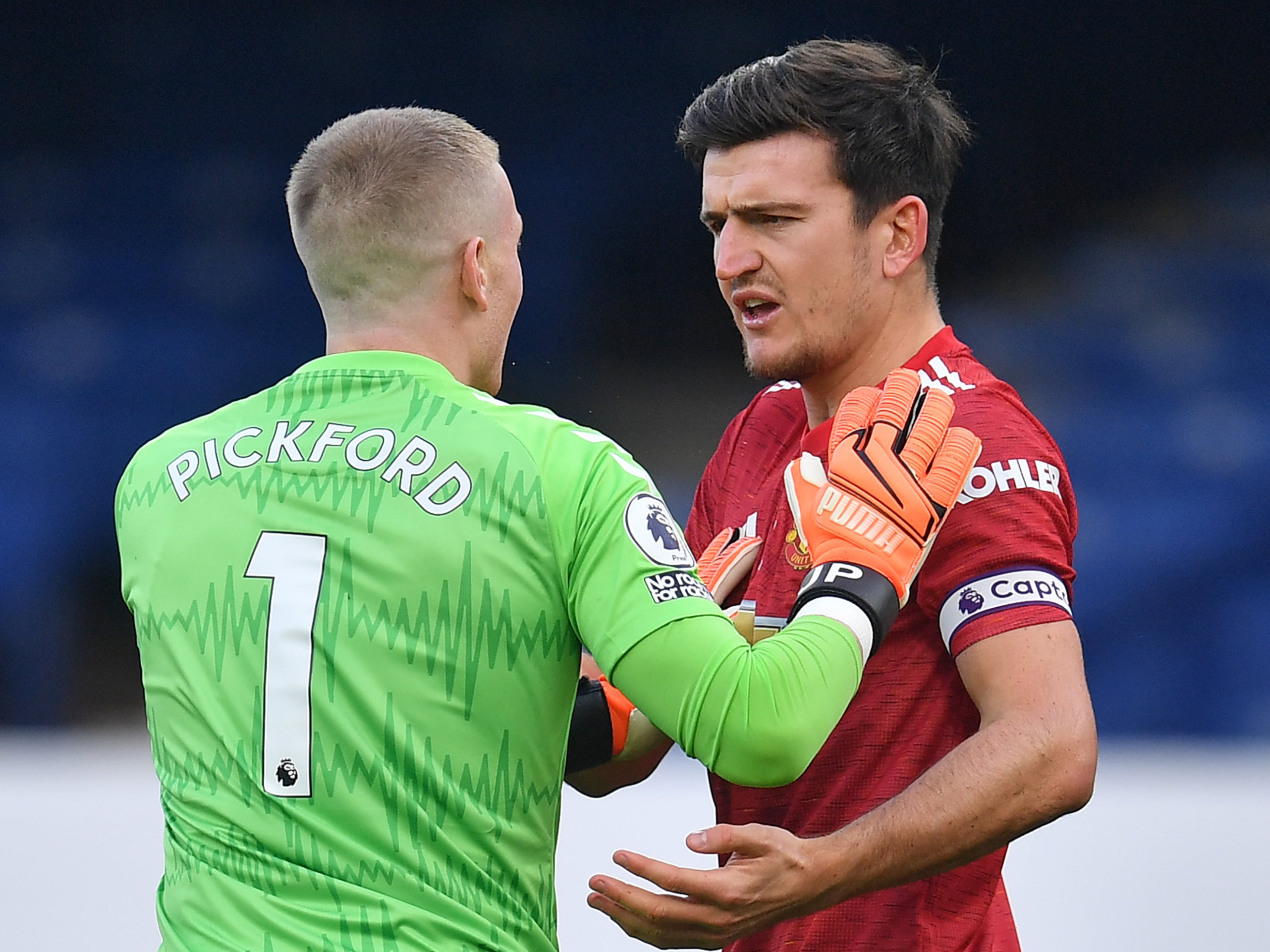 Everton goalkeeper Jordan Pickford and Manchester United defender Harry Maguire