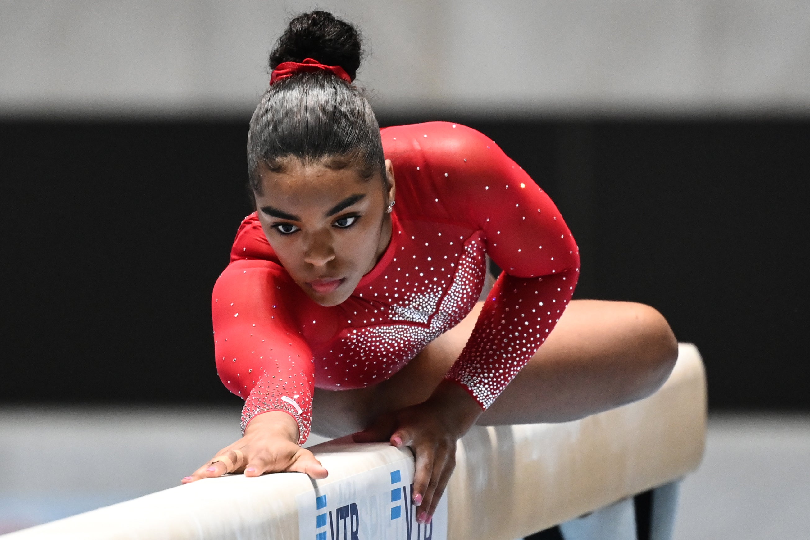 Emjae Frazier of the US performs on the balance beam