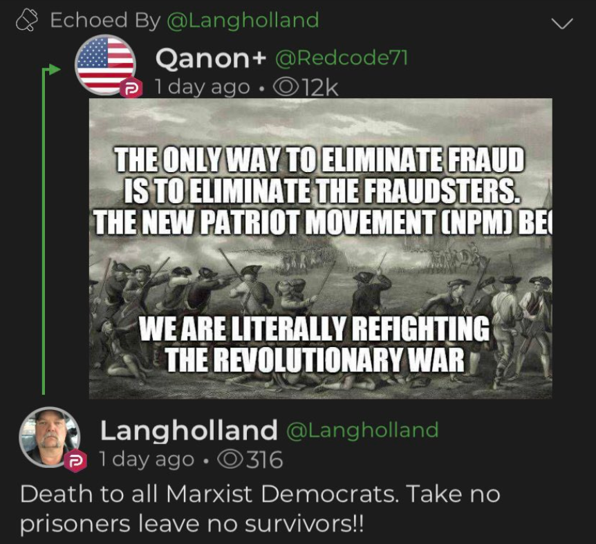 QAnon conspiracy calling for the refighting of the Revolutionary War to eliminate fraud