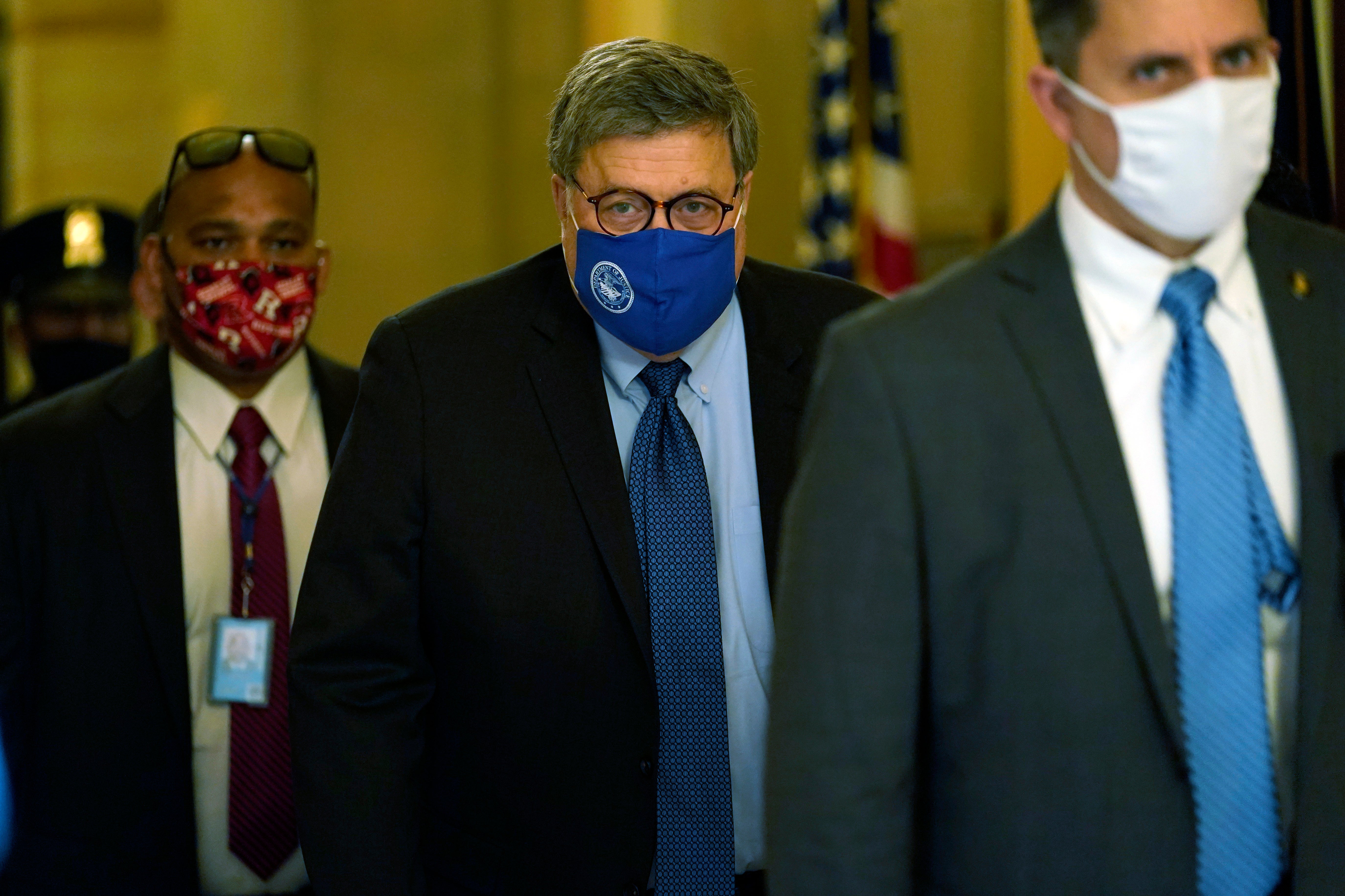 Attorney General William Barr leaves the office of Senate Majority Leader Mitch McConnell of Ky., on Capitol Hill in Washington, Monday