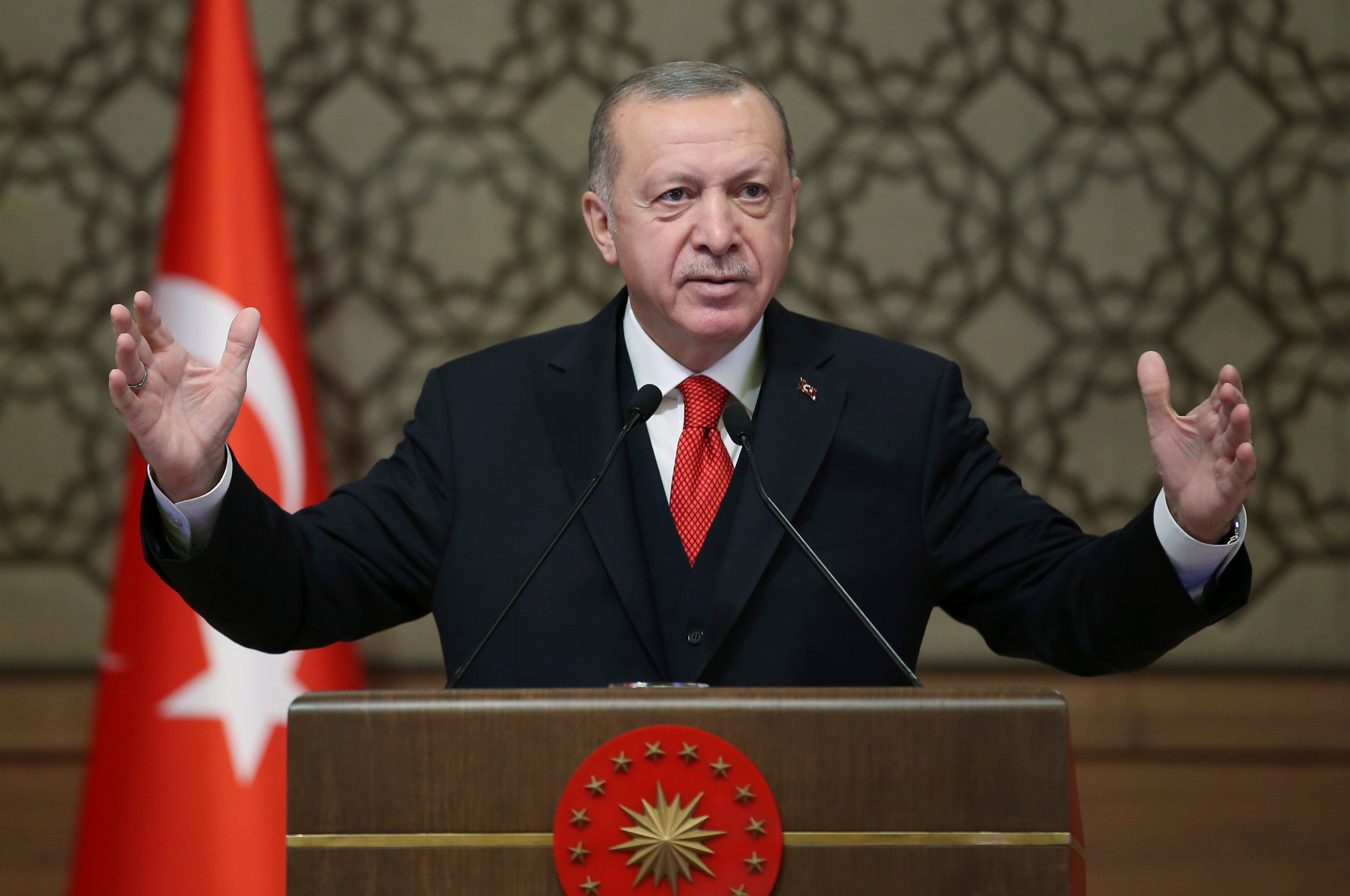 Turkish President Recep Tayyip Erdogan speaks to ambassadors on 9 November, 2020.&nbsp; &nbsp;