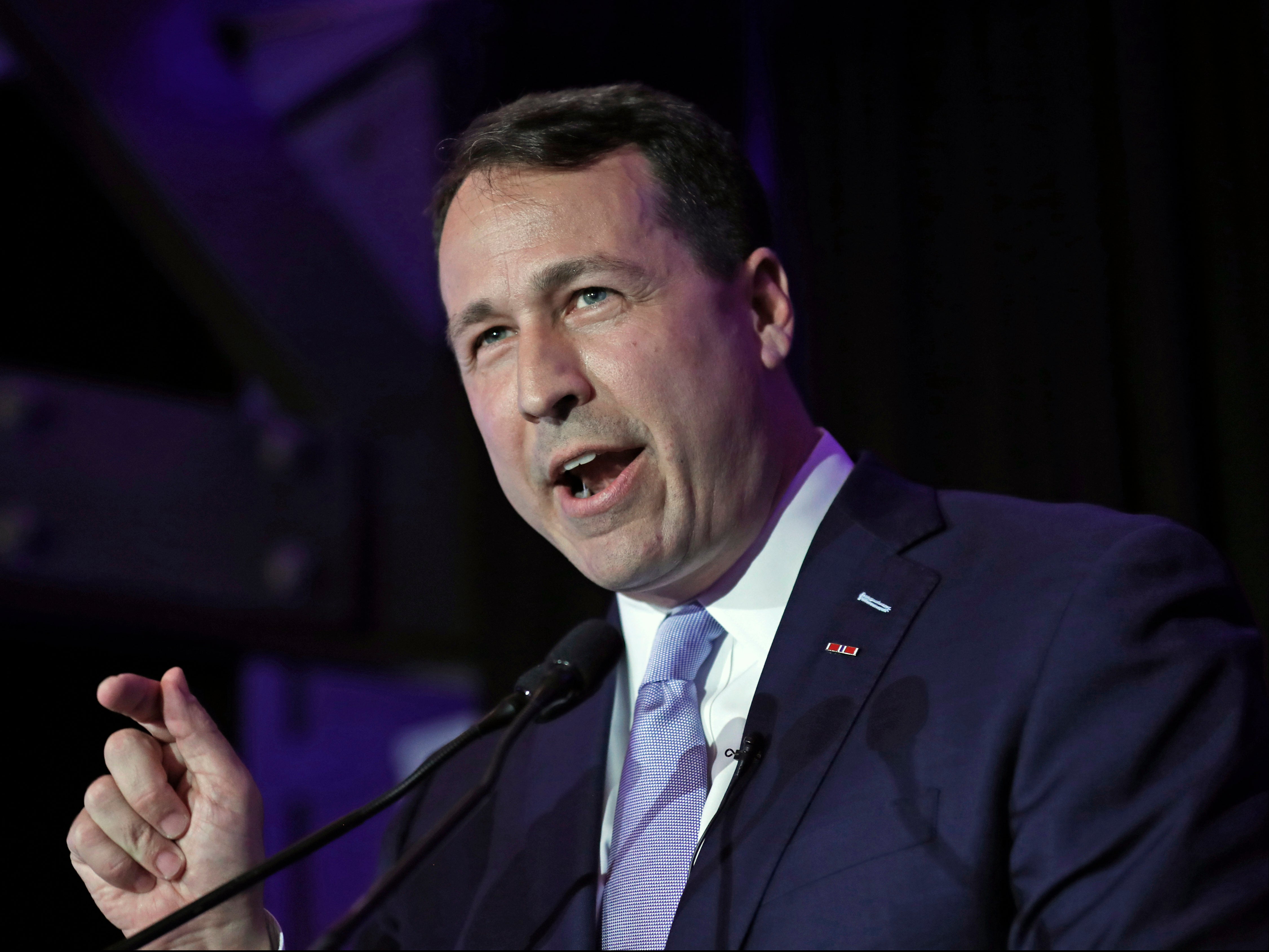 Democratic US Senate candidate Cal Cunningham speaks to supporters during a primary election night party in Raleigh, North Carolina