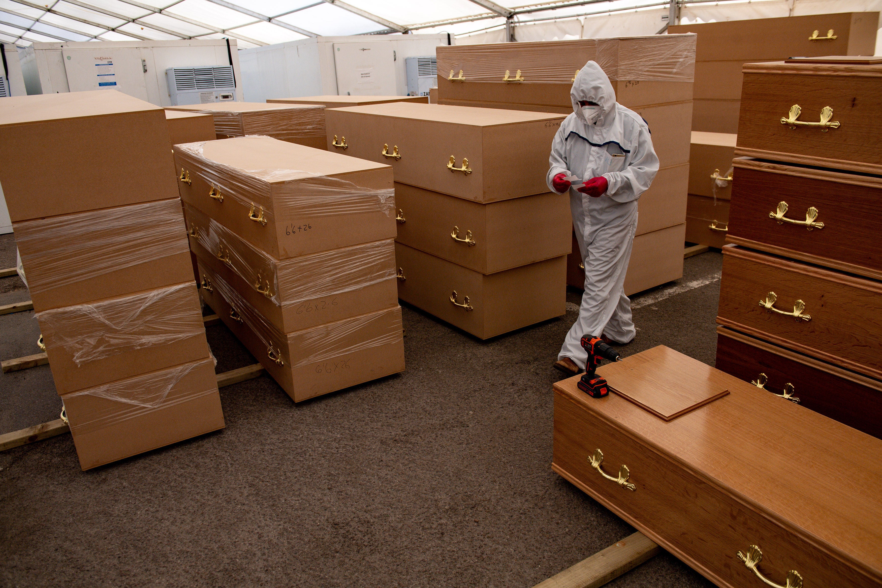 A volunteer at a temporary morgue in Birmingham