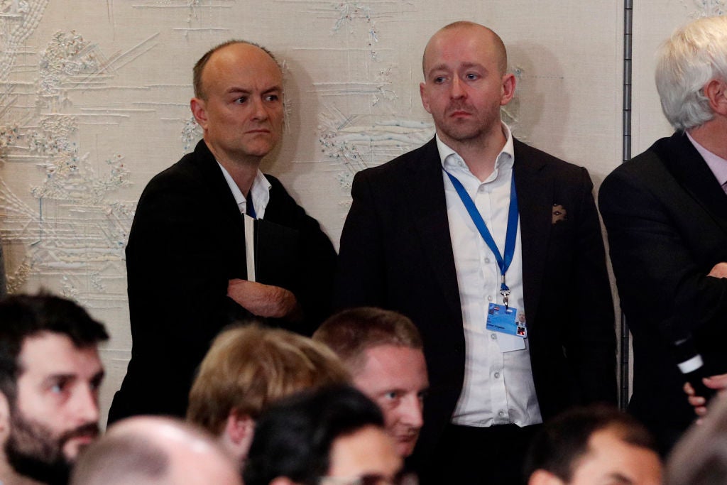 Dominic Cummings (left) and Lee Cain at a Boris Johnson press conference