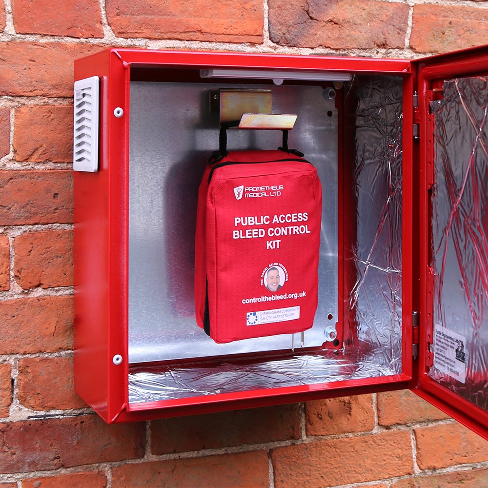 The bleed control cabinet is accessible 24 hours a day by a code provided by emergency services, and contains haemostatic dressings, gloves, a tourniquet and a chest seal