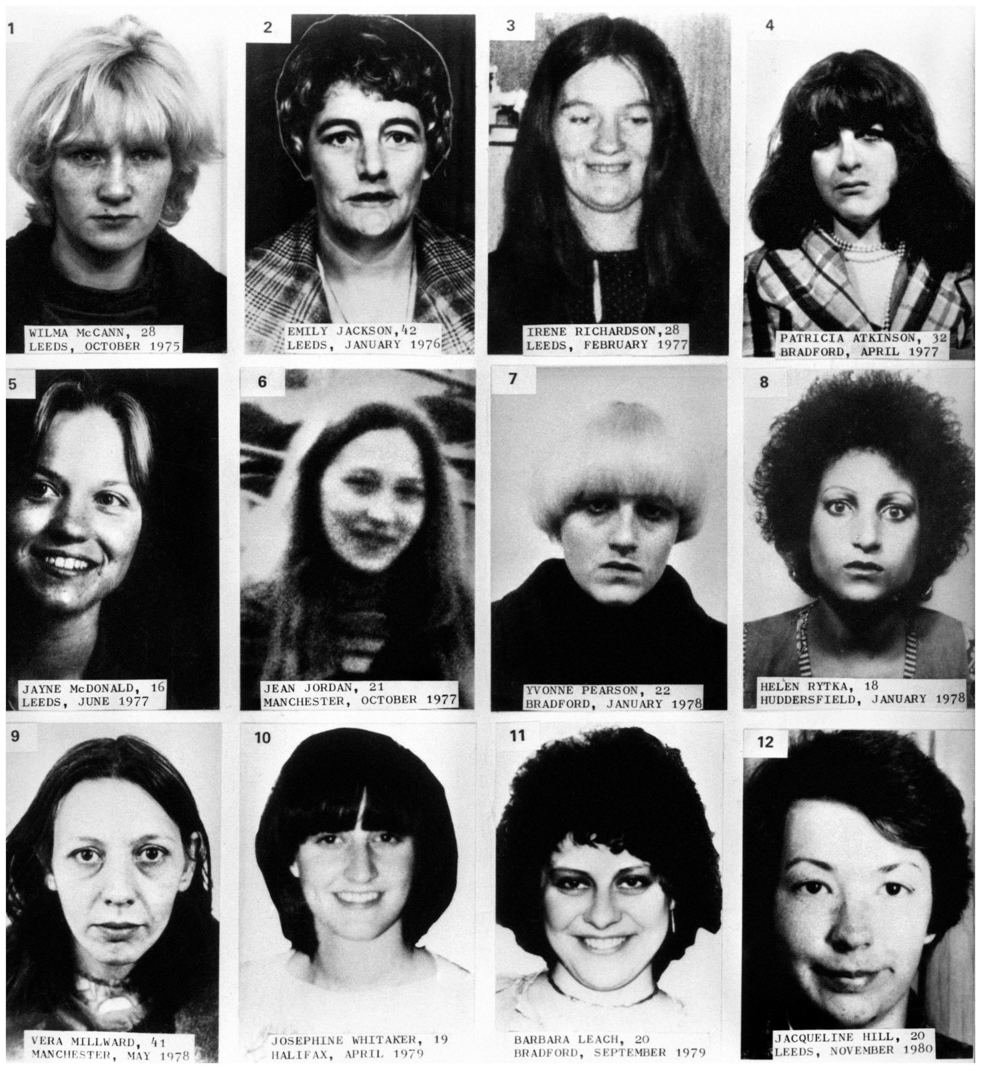 Peter Sutcliffe, the Yorkshire Ripper, killed 13 women (12 pictured) between 1975 and 1980.