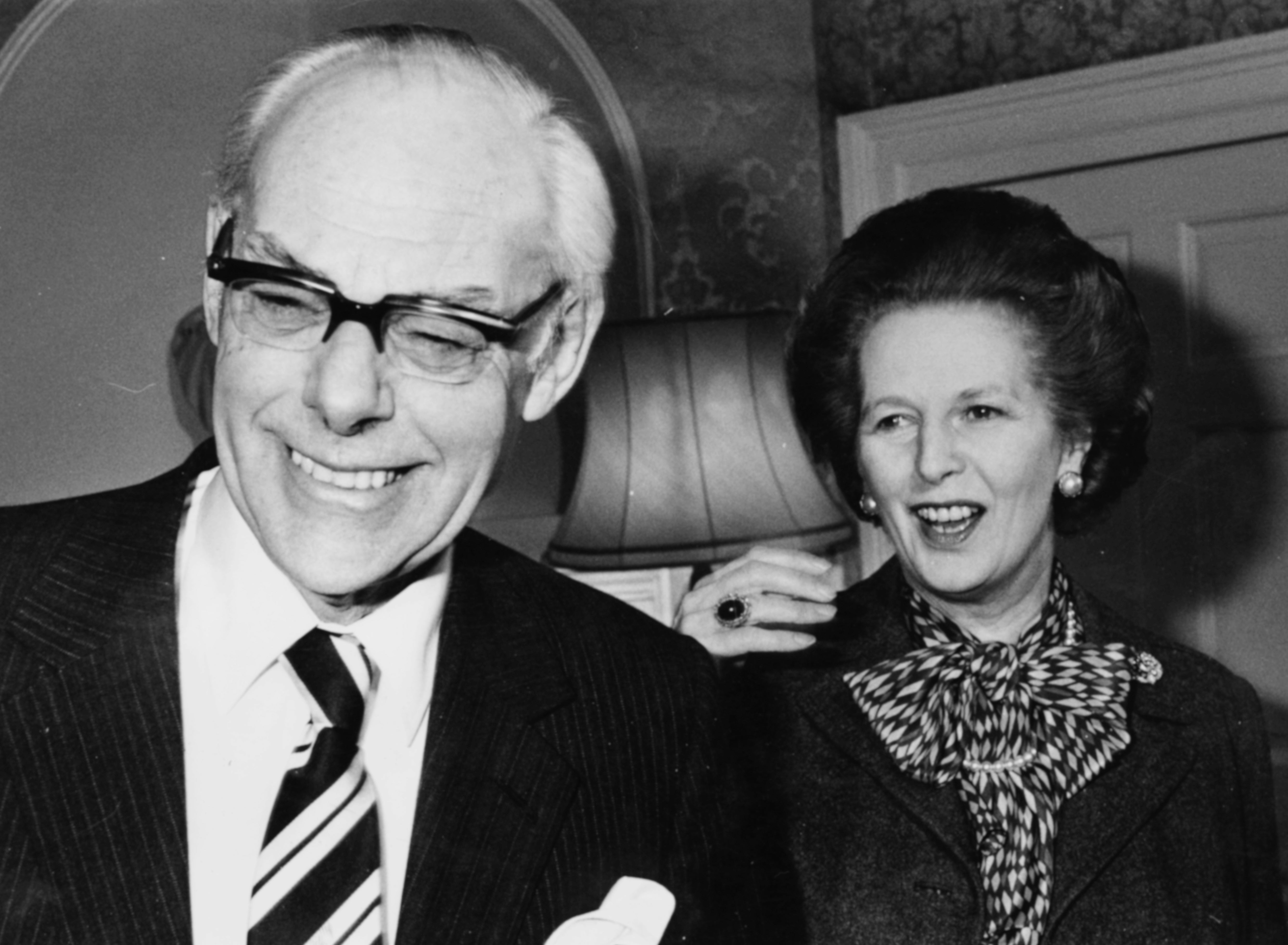 Margaret Thatcher and her husband Denis celebrating her 10 years as Conservative Party leader at 10 Downing Street, February 1985