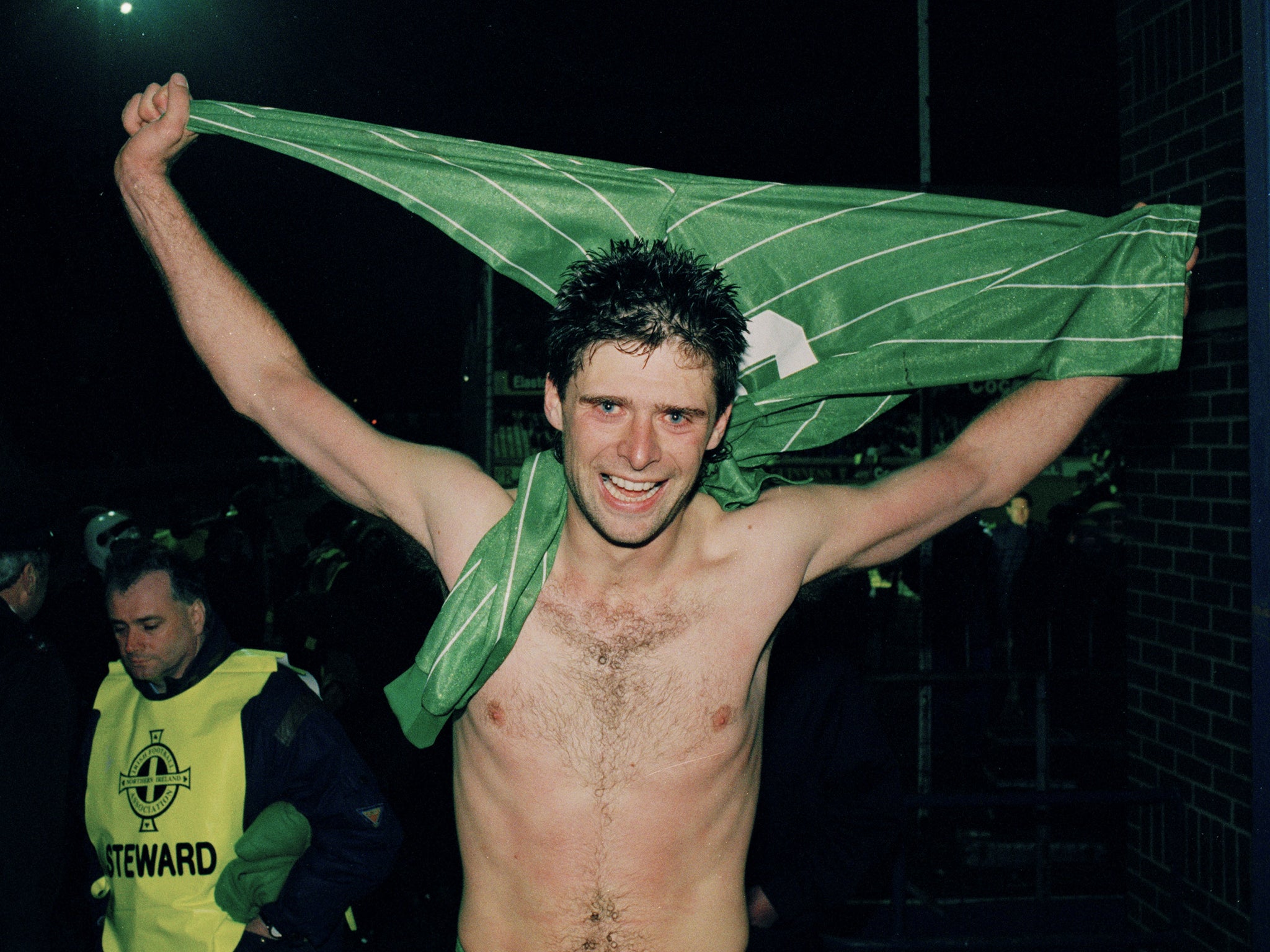 Republic of Ireland’s Niall Quinn celebrates their place in the 1994 World Cup finals