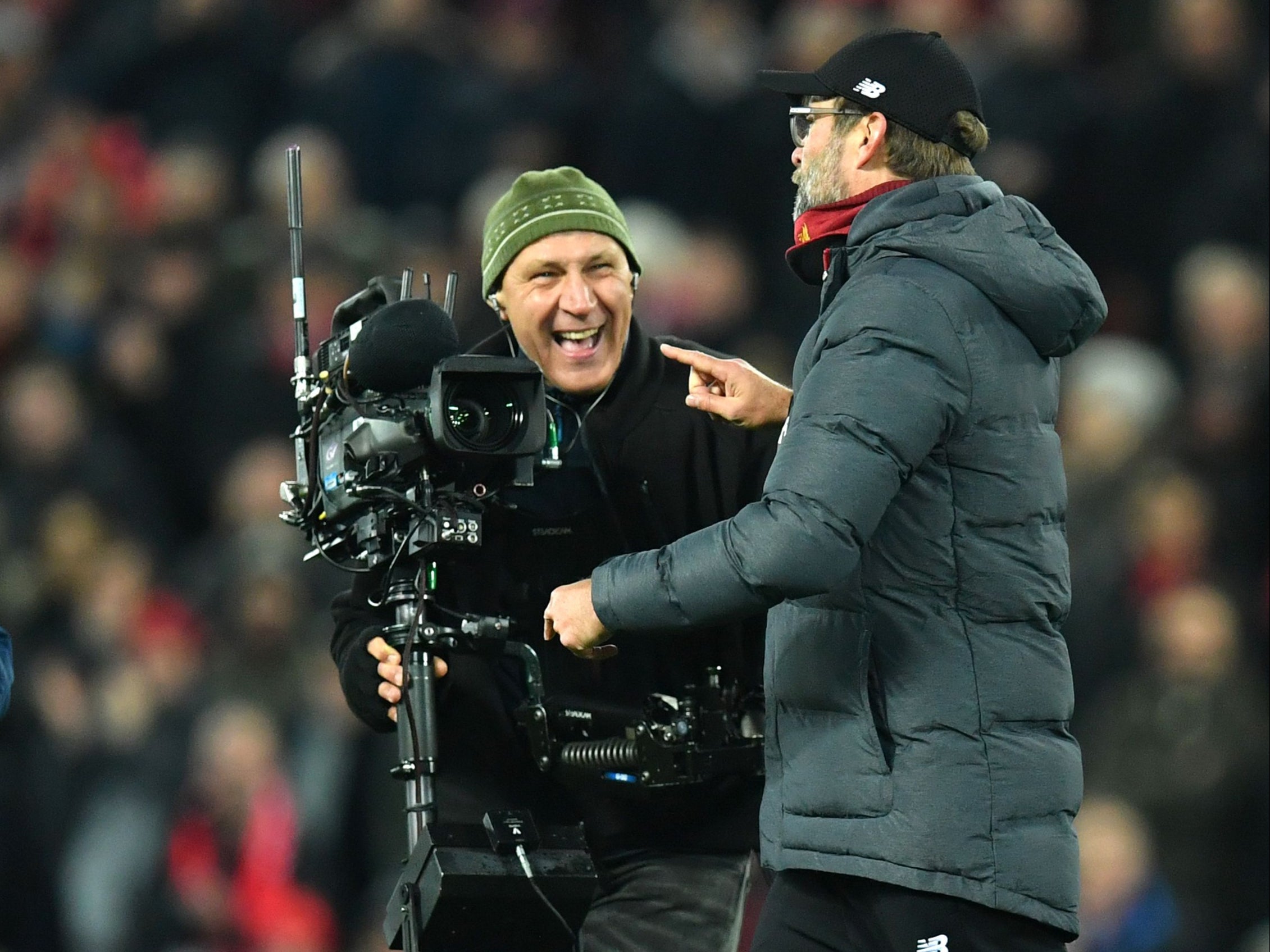 Jurgen Klopp speaks into the camera at Anfield