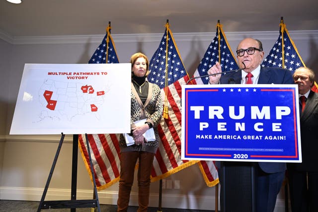 Trump's personal lawyer Rudy Giuliani speaks during a press conference at the Republican National Committee headquarters in Washington, DC, on November 19, 2020. (Photo by MANDEL NGAN / AFP) (Photo by MANDEL NGAN/AFP via Getty Images)