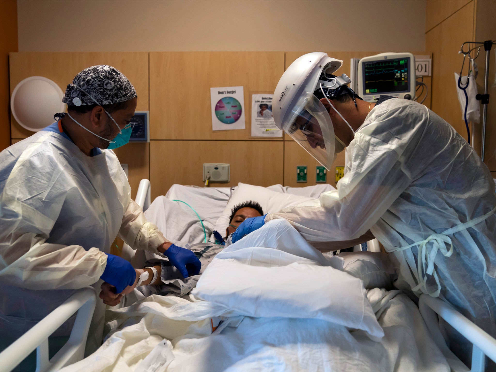 A Covid-19 patient at Providence Holy Cross Medical Center in the Mission Hills section of Los Angeles, 19 November