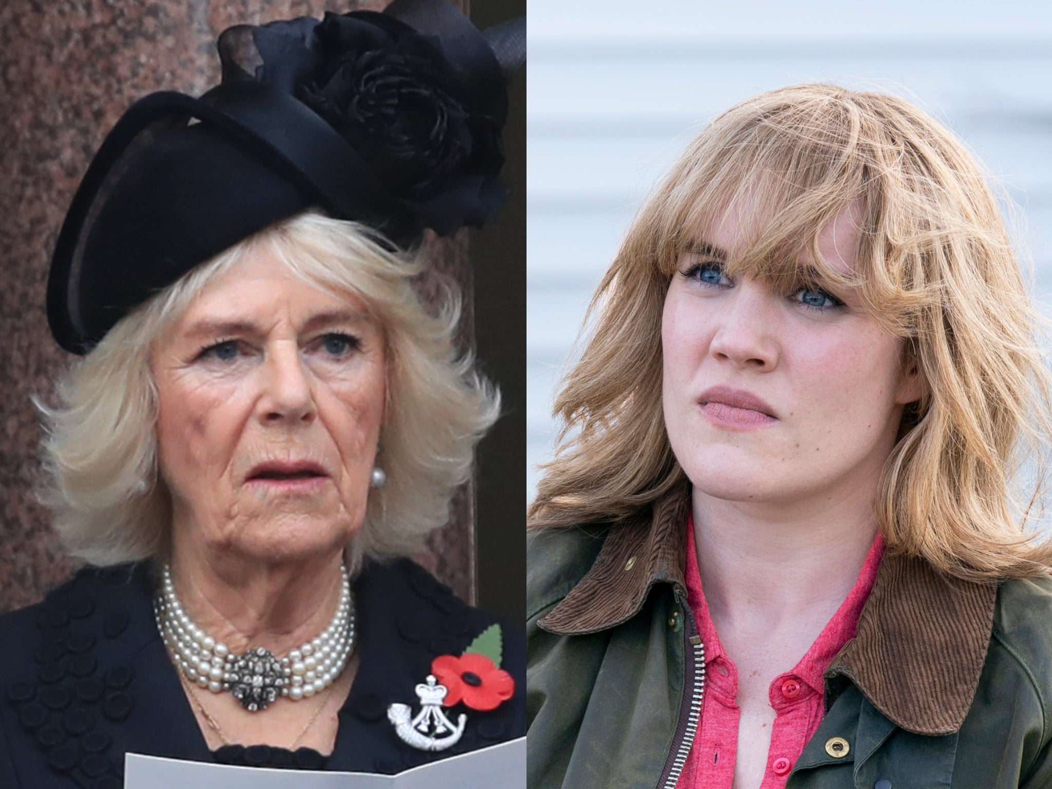 (Left) Camilla, Duchess of Cornwall in 2020 and (right) as depicted in The Crown by Emerald Fennell