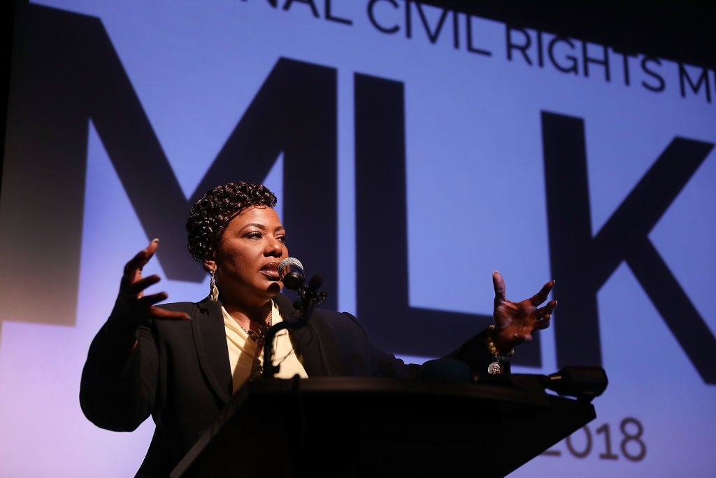 Rev. Dr. Bernice King, daughter of Dr. Martin Luther King, Jr. speaks as she visits the National Civil Rights Museum