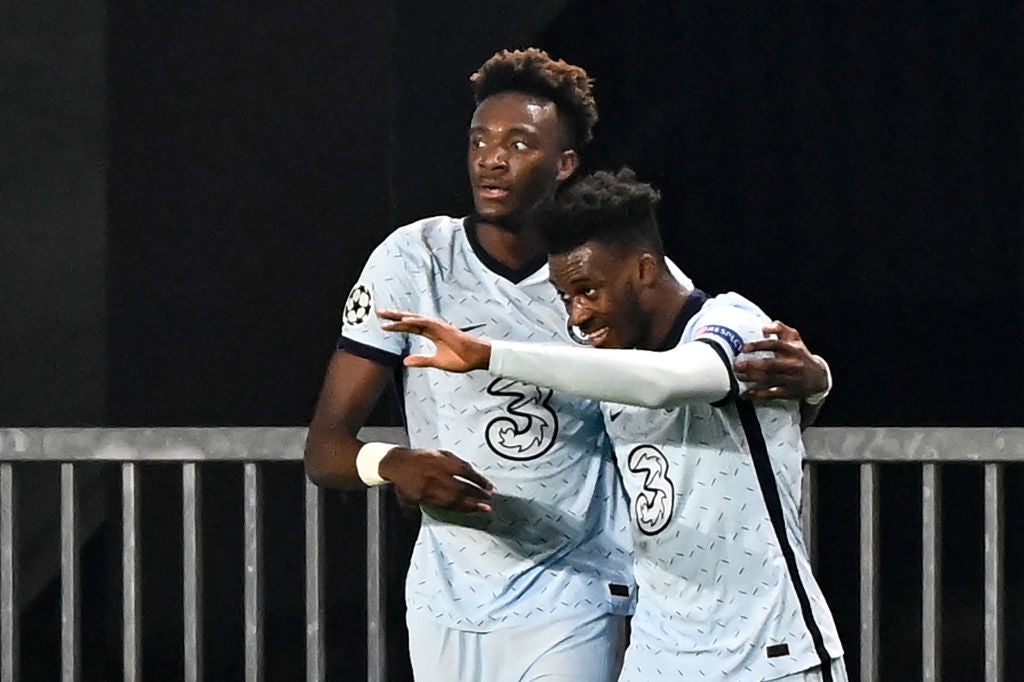 Callum Hudson-Odoi celebrates with Tammy Abraham for Chelsea