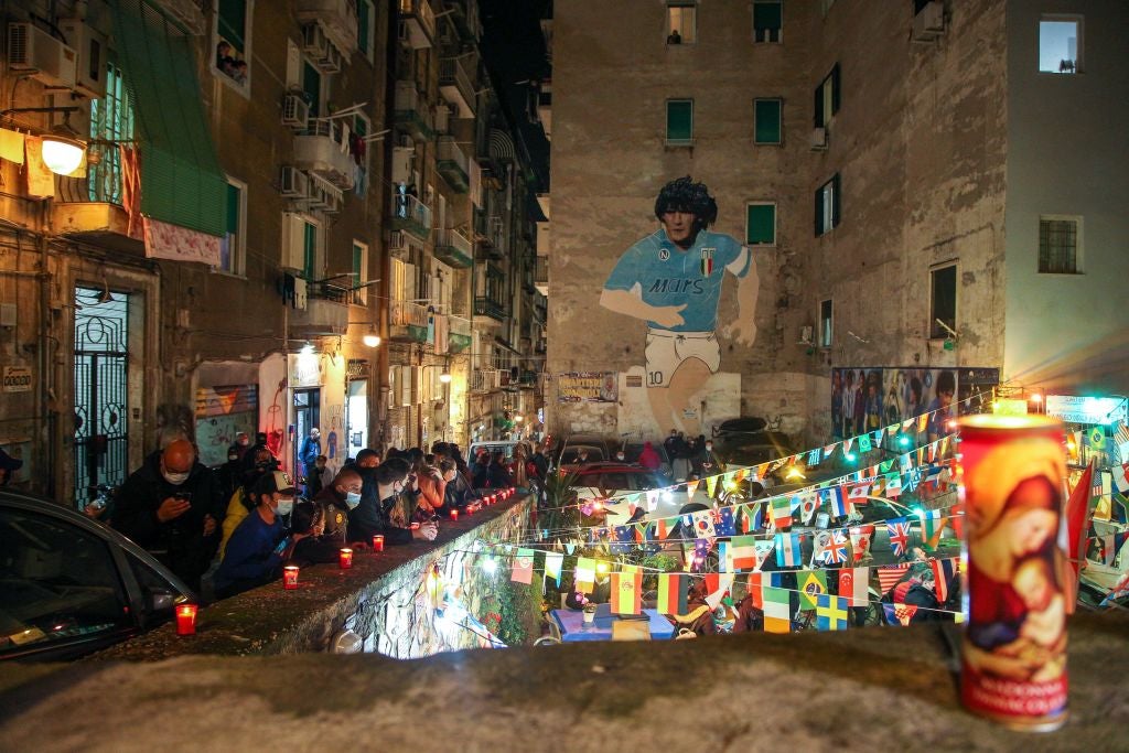 People gather at the top of the Quartieri Spagnoli in Naples