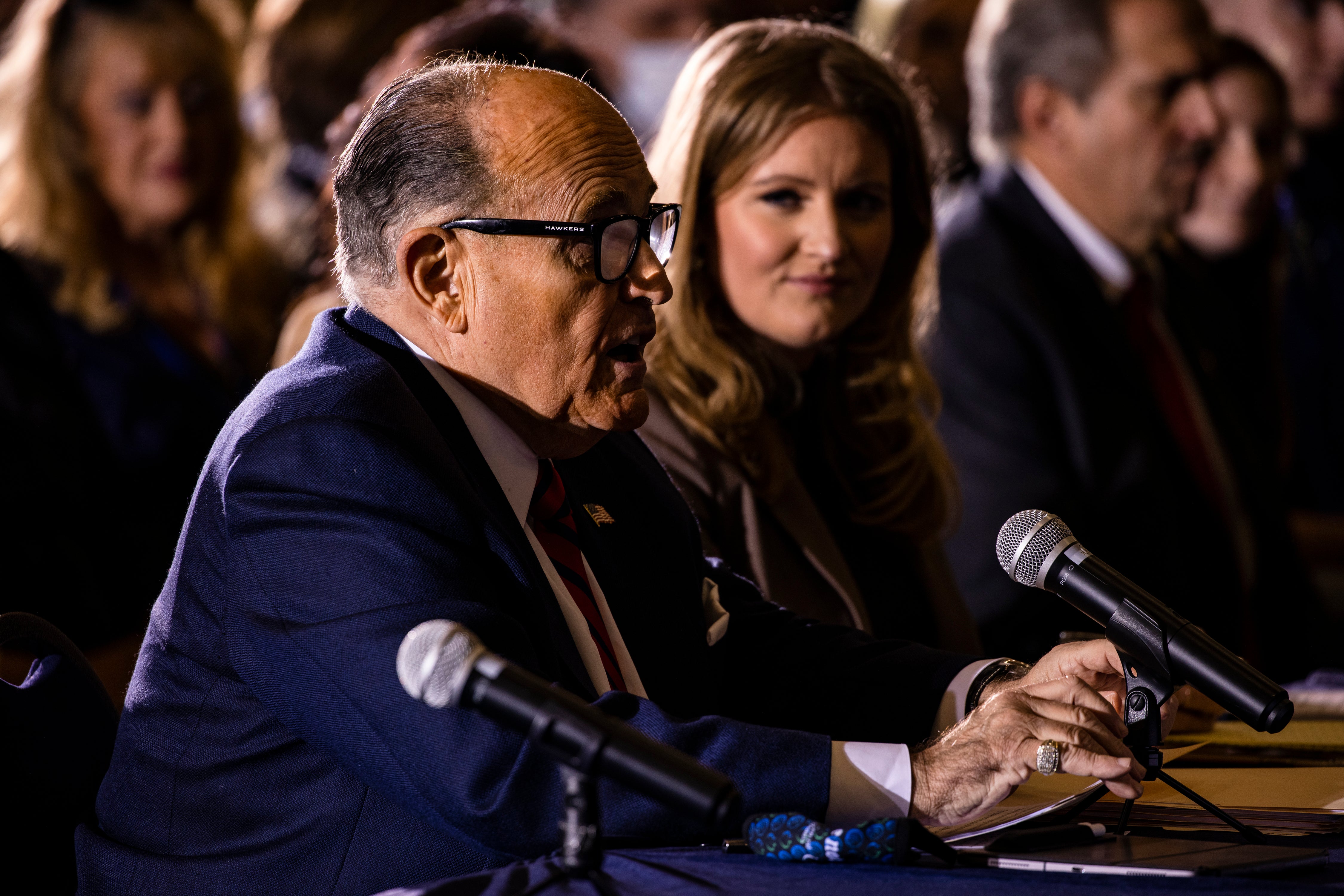 President Donald Trump's lawyer Rudy Giuliani speaks during a Pennsylvania Senate Majority Policy Committee public hearing Wednesday at the Wyndham Gettysburg Hotel to discuss 2020 election issues and irregularities on November 25, 2020 in Gettysburg, Pennsylvania. Giuliani is continuing his push to overturn election results in the courts. (Photo by Samuel Corum/Getty Images) *** BESTPIX ***