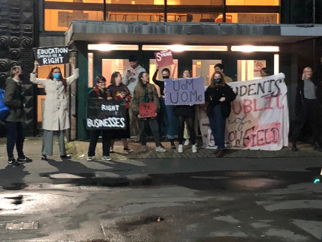 University of Manchester students leave the Owens Park Tower after a two-week occupation