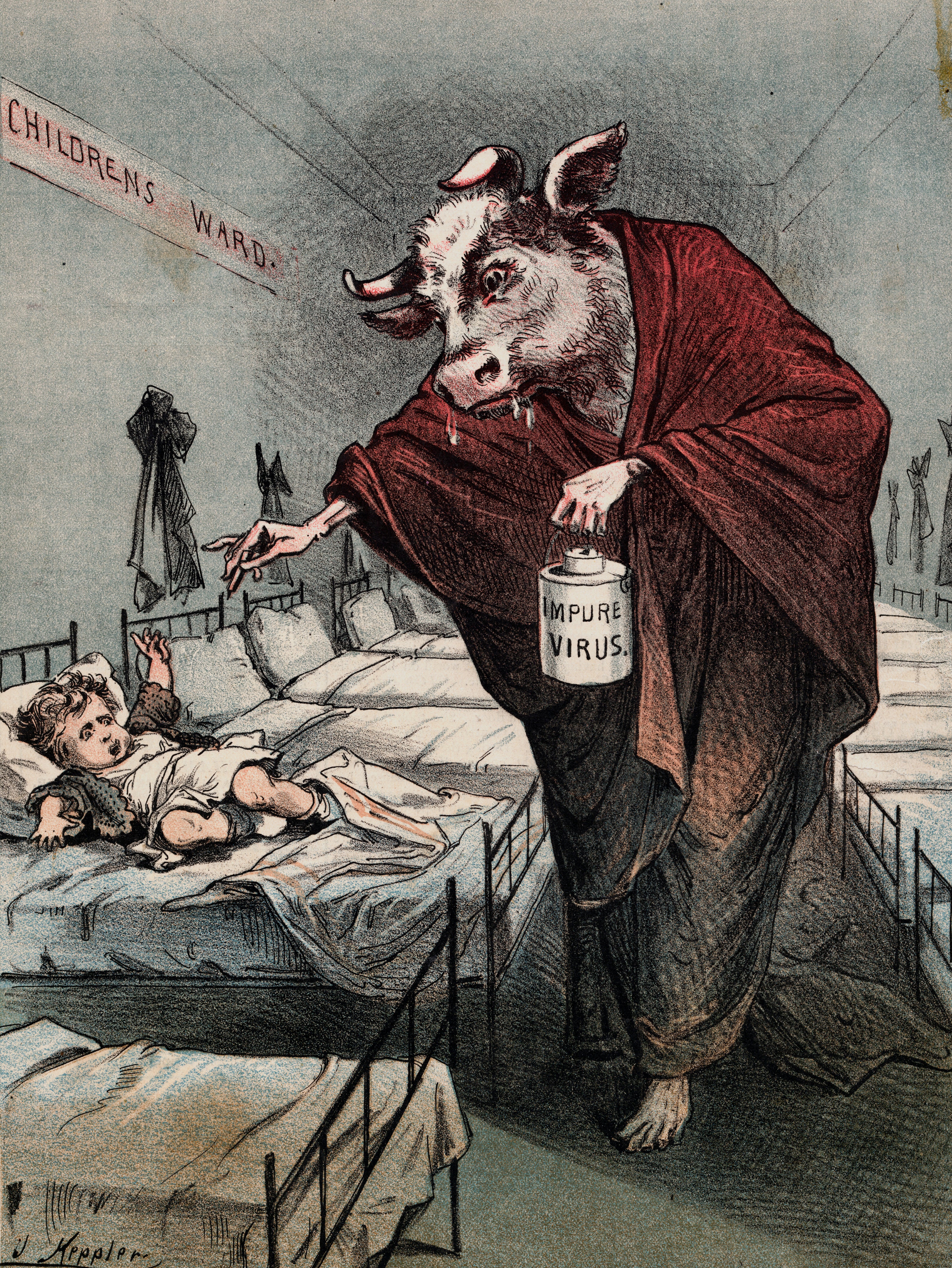 A rabid cow with bloodshot eyes holds a needle menacingly toward a young child as he begins to administer a vaccination with an impure virus