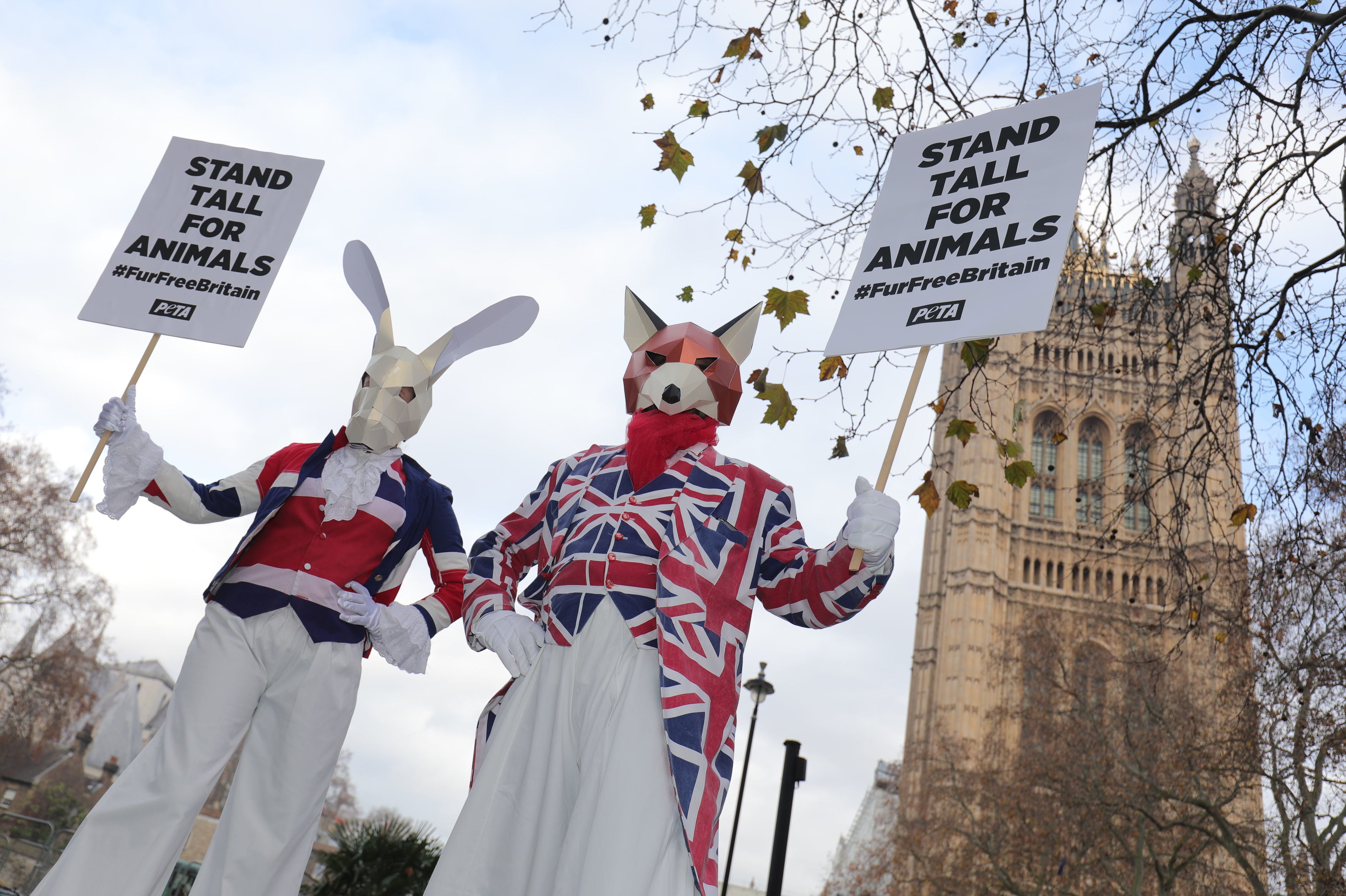 Protesters in Westminster from the animal rights group Peta demonstrate against foxhunting in 2020