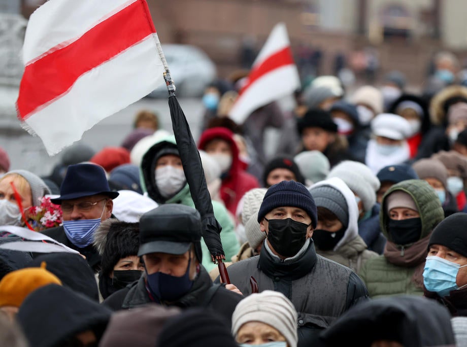 Belarusian pensioners march during a rally to protest against Mr Lukashenko in Minsk, Belarus