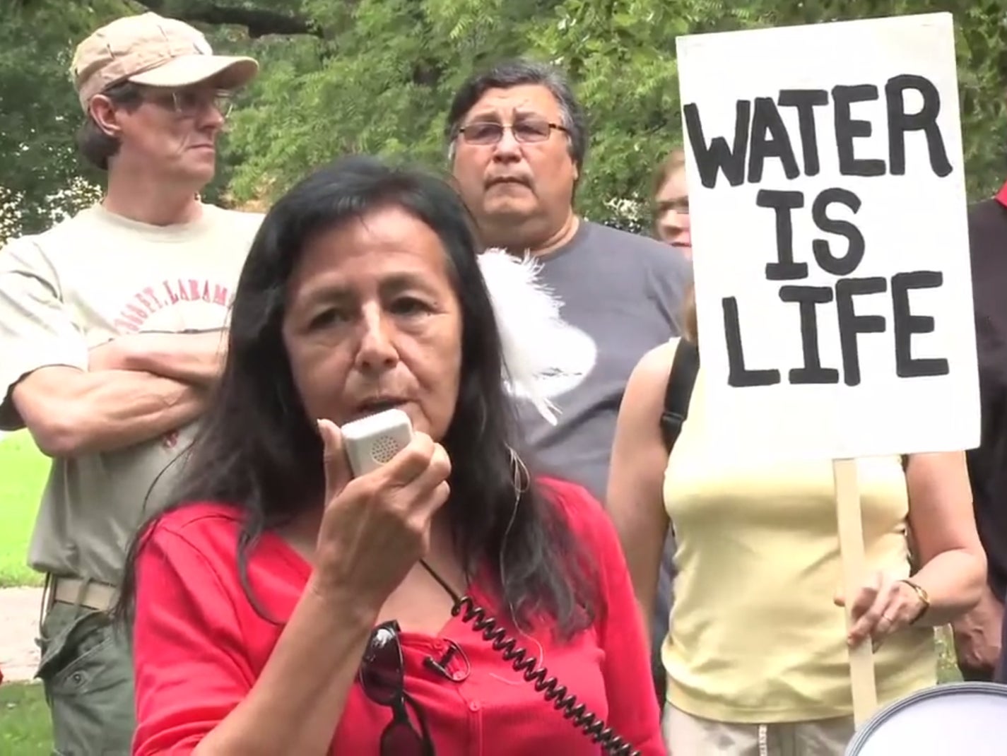 Debra White Plume, who has died, speaking in 2014