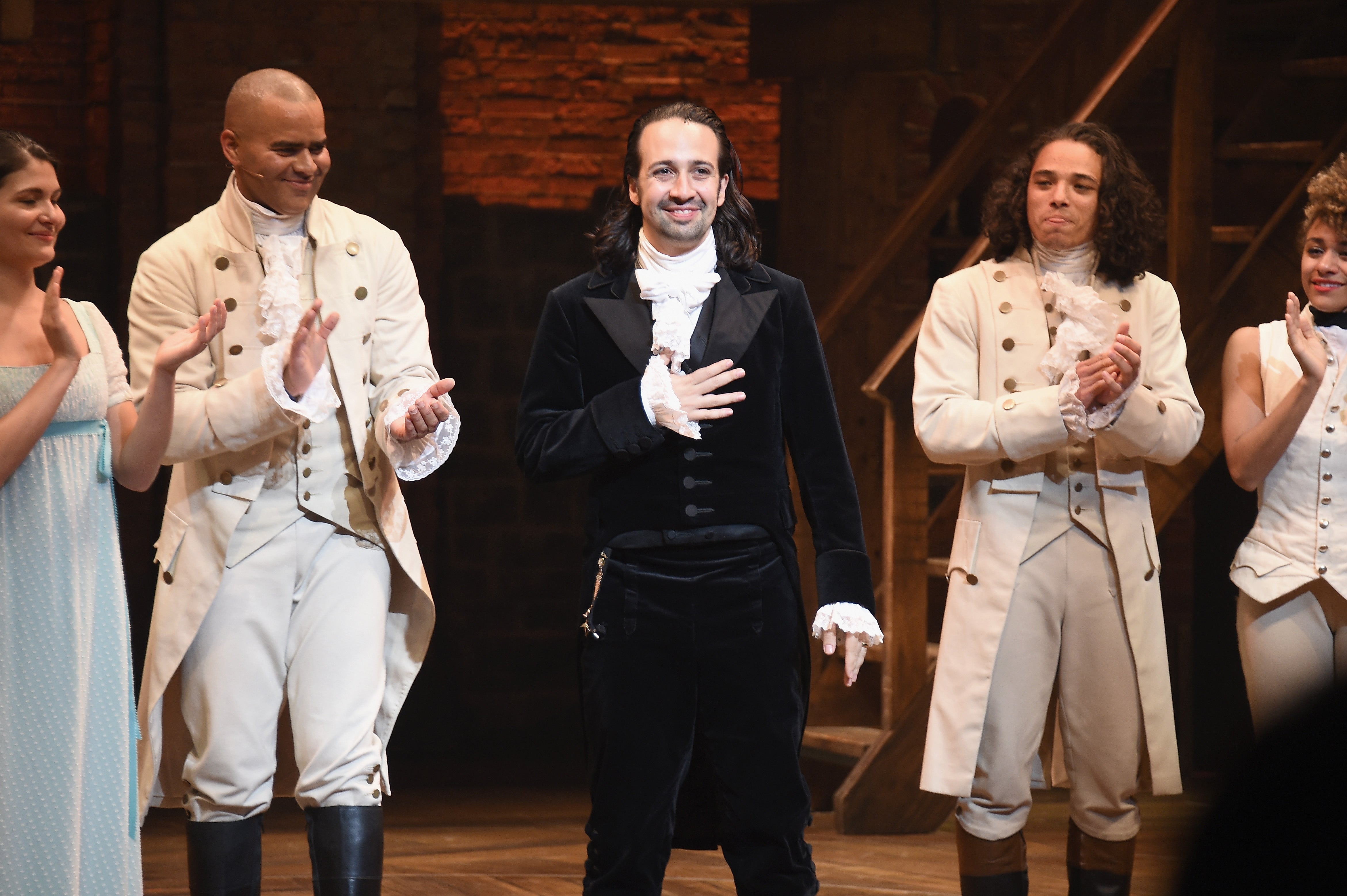 Miranda (centre) onstage as Alexander Hamilton in ‘Hamilton’