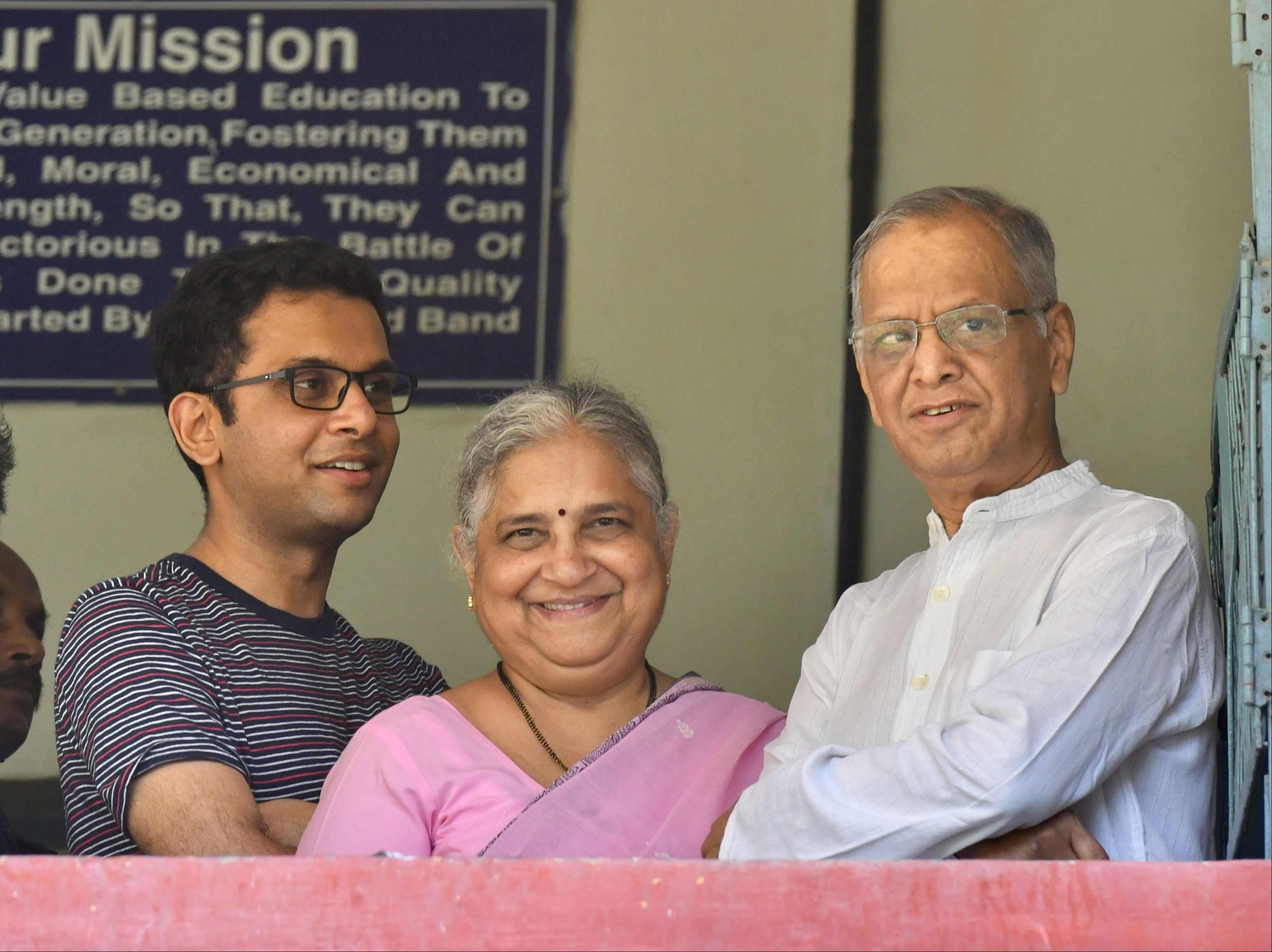 Infosys founder and mentor Narayana Murthy (right), his philanthropist wife Sidha Murthy (centre) and son Rohan Murthy (left)