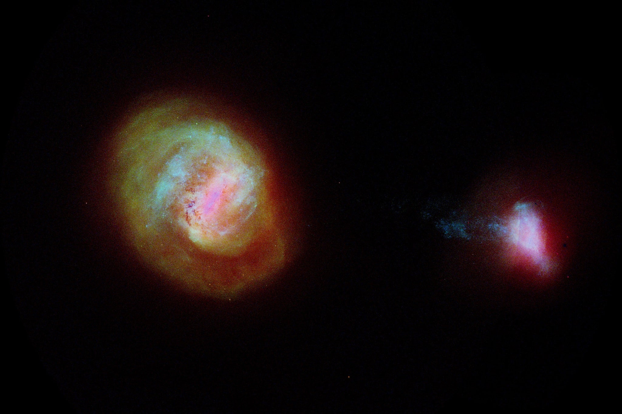 A diagram of the two most important companion galaxies to the Milky Way, the Large Magellanic Cloud or LMC (left) and the Small Magellanic Cloud (SMC) made using data from the European Space Agency Gaia satellite. The two galaxies are connected by a 75,000 light-years long bridge of stars, some of which is seen extending from the left of the SMC