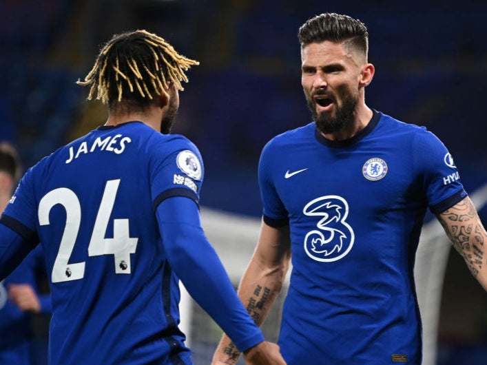 Giroud celebrates with James after bringing Chelsea level