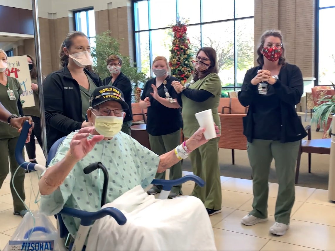 Major Lee Wooten was captured on video by hospital staff being discharged from Madison Hospital to a chorus of healthcare workers