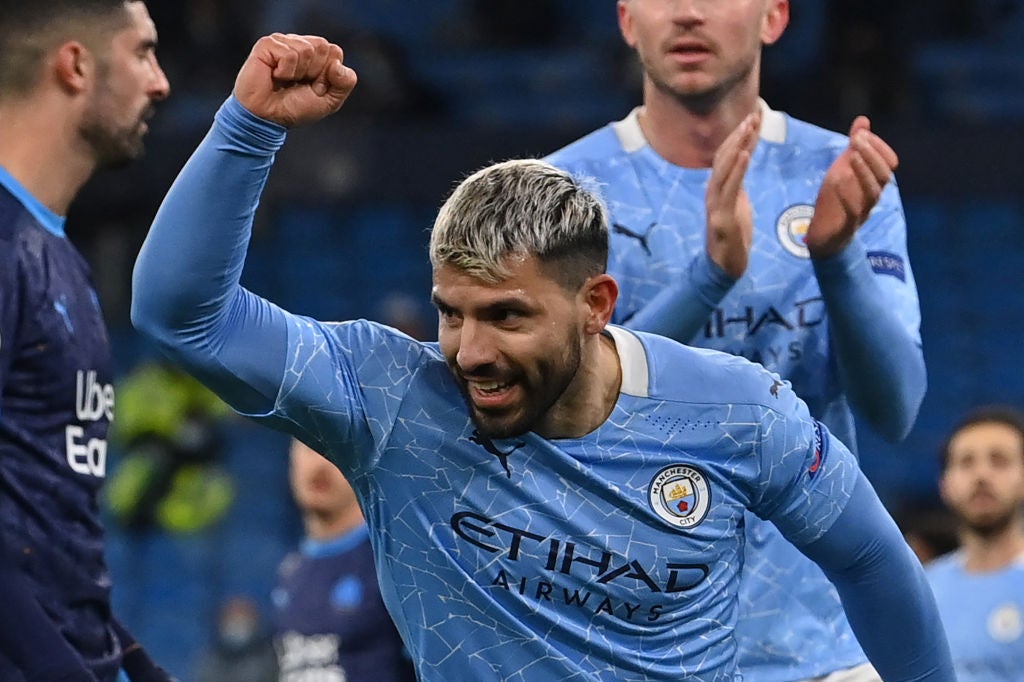 Sergio Aguero celebrates after he scores