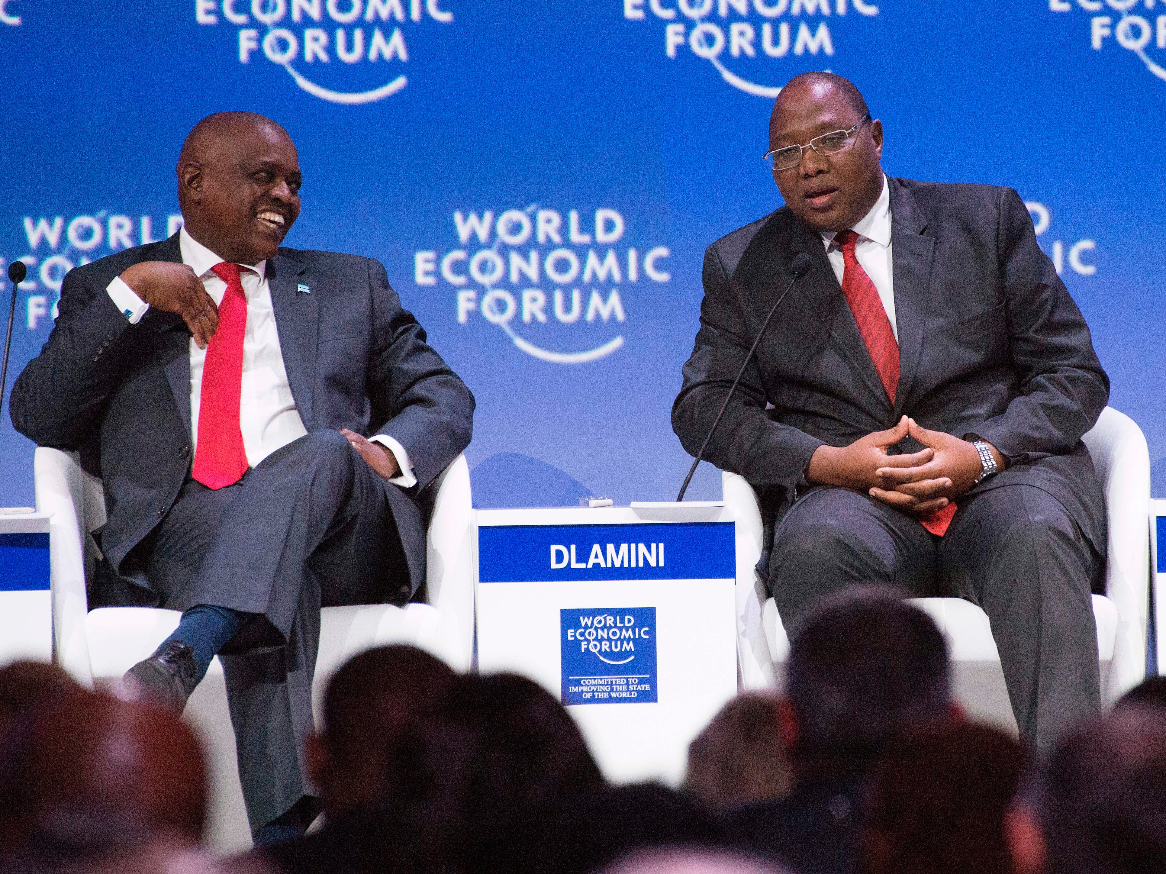 File image: Mandulo Ambrose Dlamini, Prime Minister of Eswatini (right) speaks to Mokgweetsi Eric Keabetswe Masisi (Left), President of Botswana, at a plenary session of African Leaders at the World Economic Forum (WEF) Africa in 2019