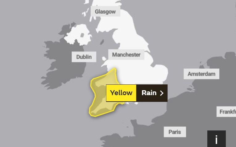 The Met Office rain warning is in effect for southwest England and south Wales