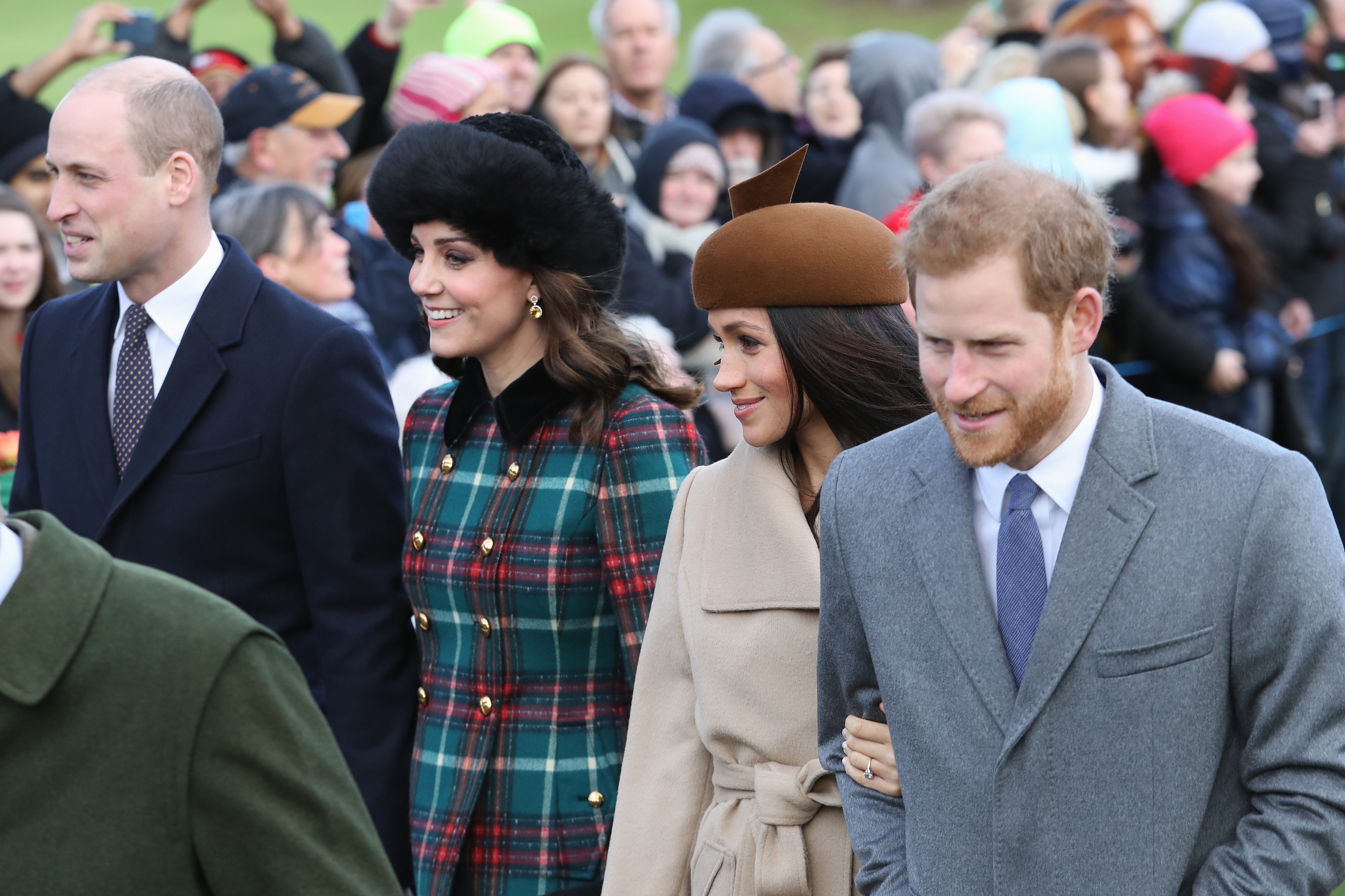 Prince William, Duke of Cambridge, Catherine, Duchess of Cambridge, Meghan Markle and Prince Harry attend Christmas Day Church service on December 25, 2017