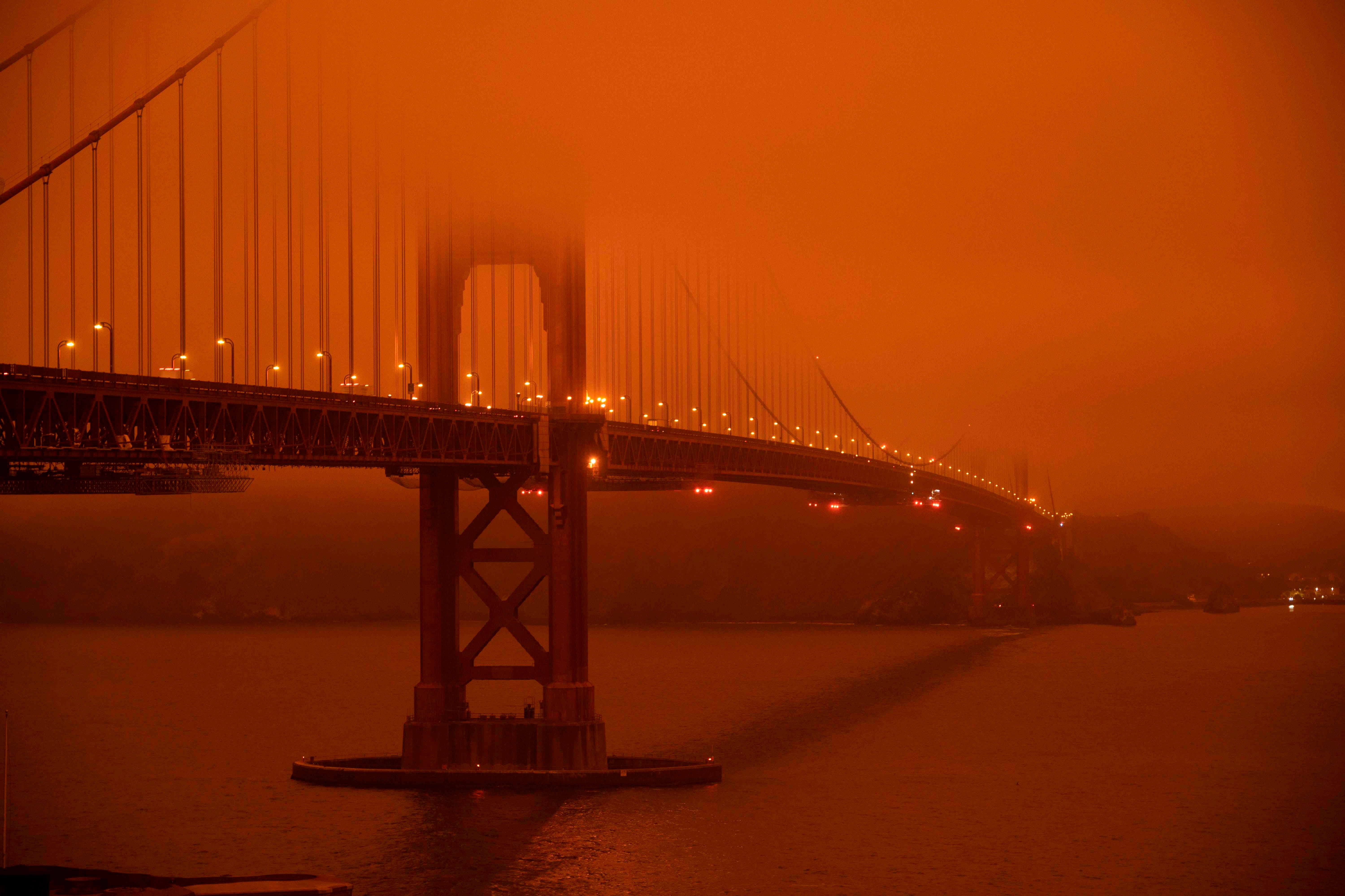 A smoke-filled sky at midday over the Golden Gate Bridge in San Francisco on 9 September.