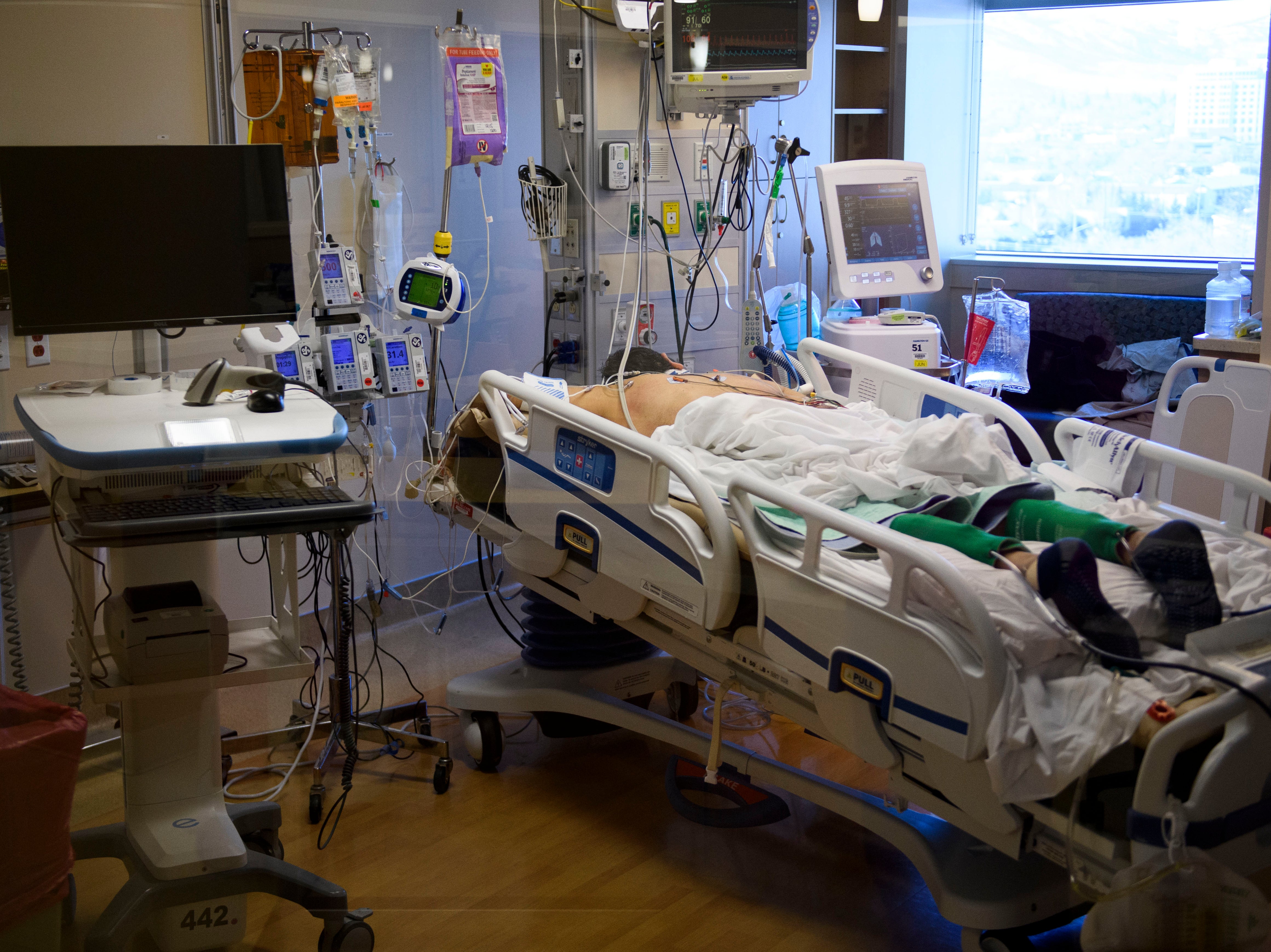 A patient lies on his stomach in the Covid-19 ICU at Renown Regional Medical Centre in Reno, Nevada